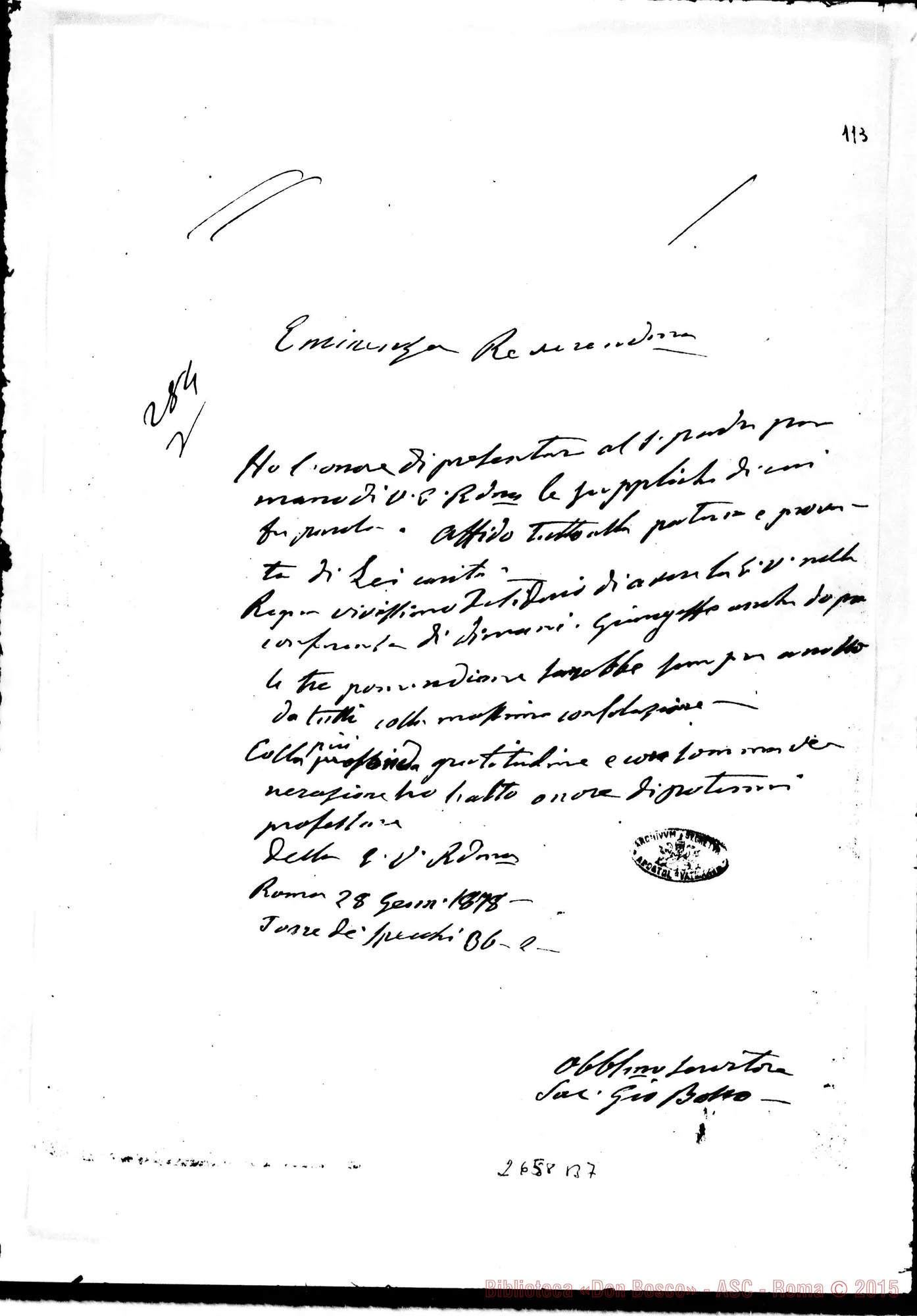 Fotogramma B 7 — Conferenza ai Cooperatori: Don Bosco - Card.. Roma, 28-01-1878. Invito