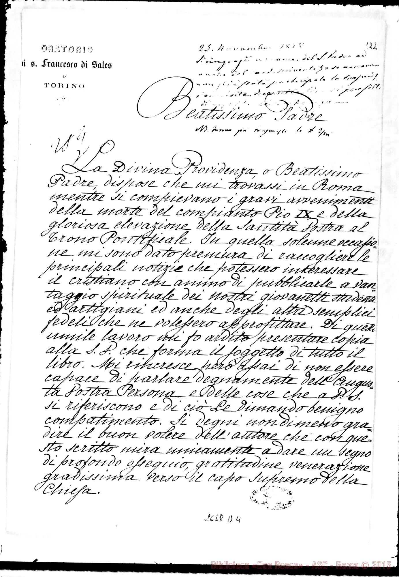 Fotogramma D 4 — Omaggio al Santo Padre: Don Bosco - Beatissimo Padre. Torino, 11-11-1878