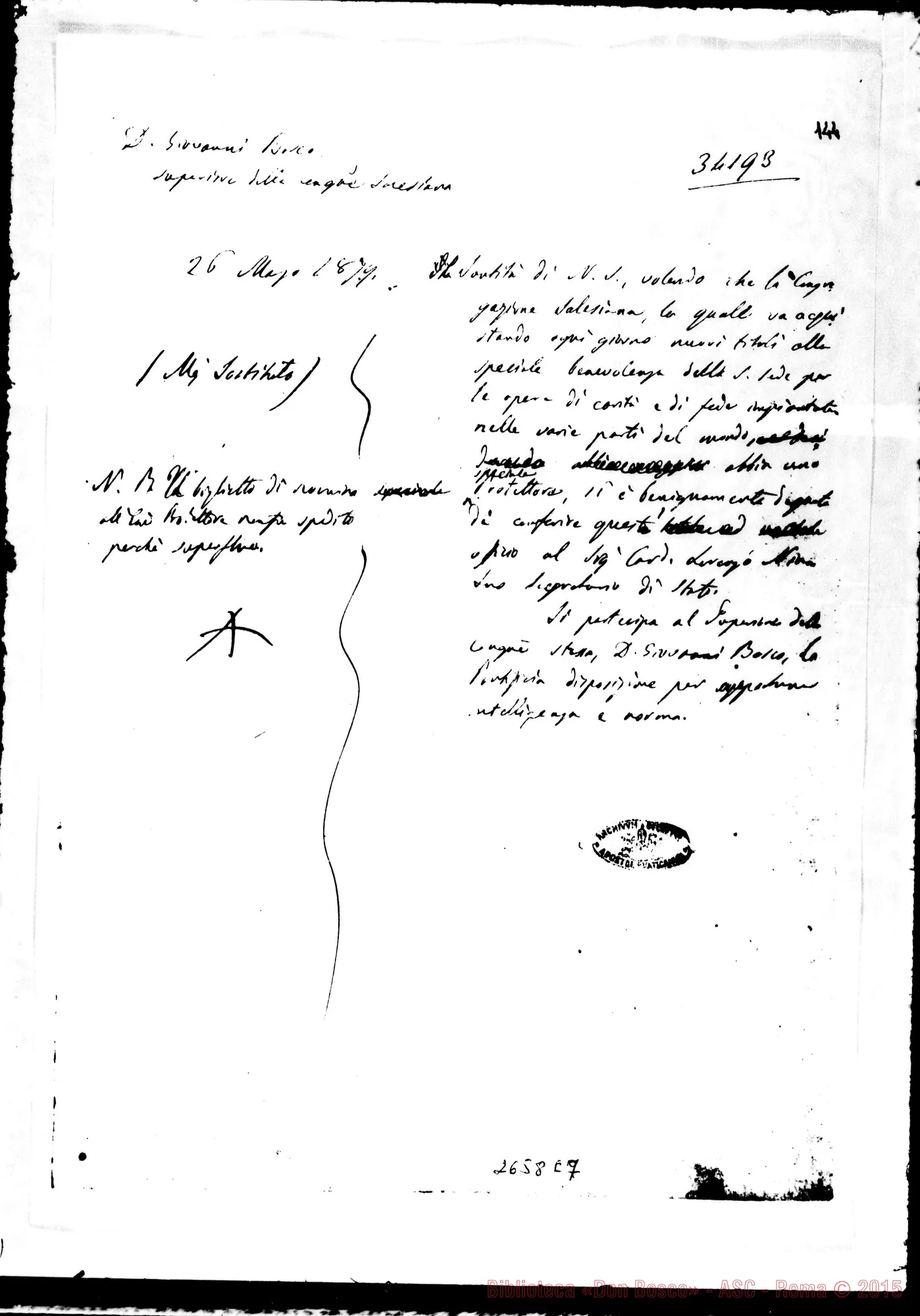 Fotogramma E 7 — Cardinale Protettore: Supplica di D. Bosco E risposta, il 26-03-1879