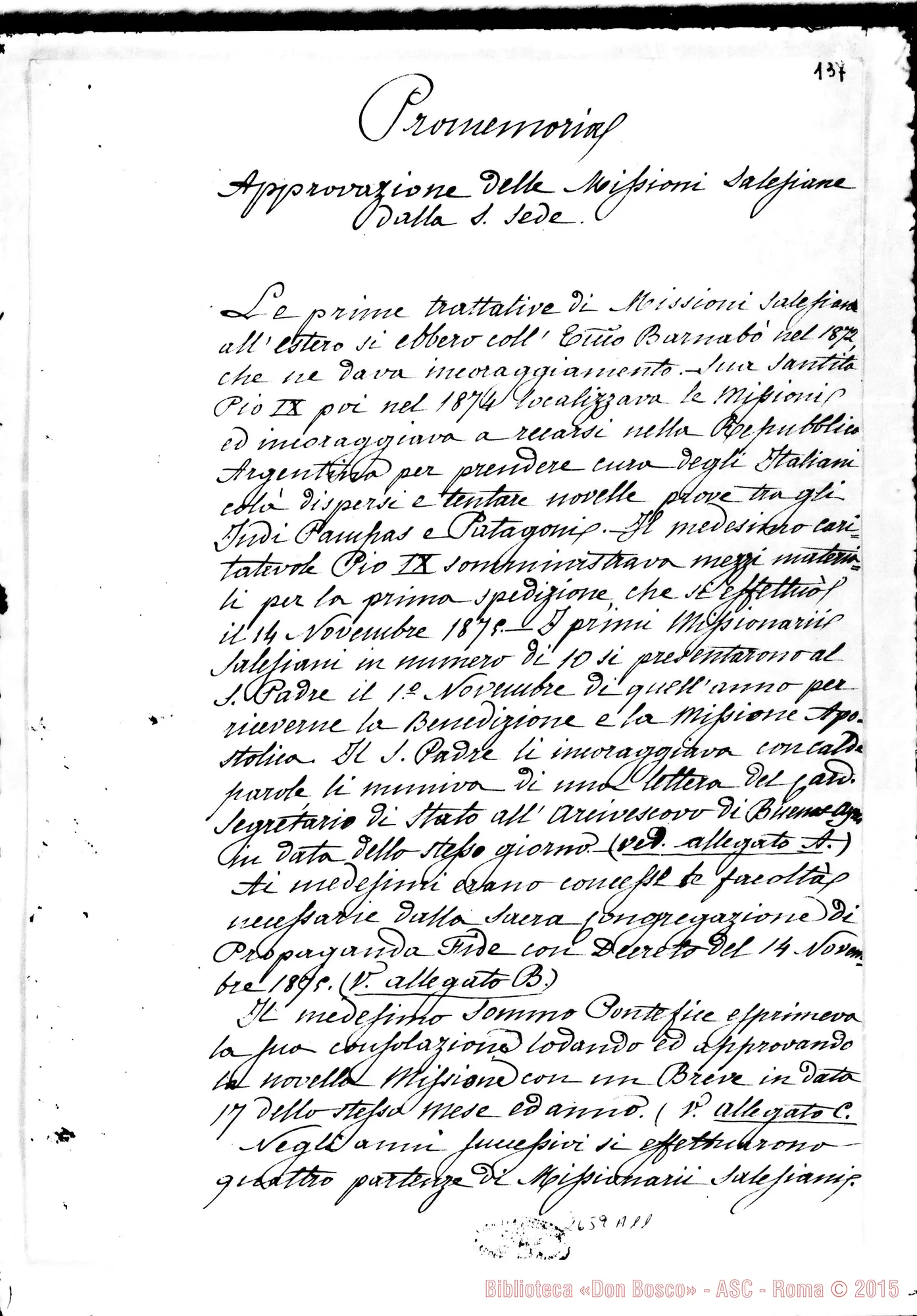 Fotogramma A 11 — Approvazione delle Missioni: Don Bosco: promemoria. Torino, 20-04-1879
