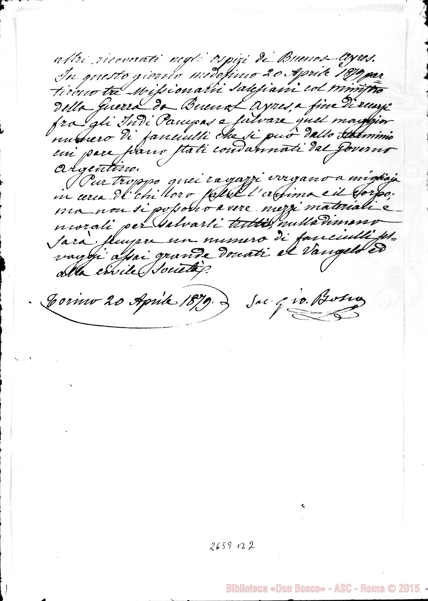 Fotogramma B 2 — Approvazione delle Missioni: Don Bosco: promemoria. Torino, 20-04-1879
