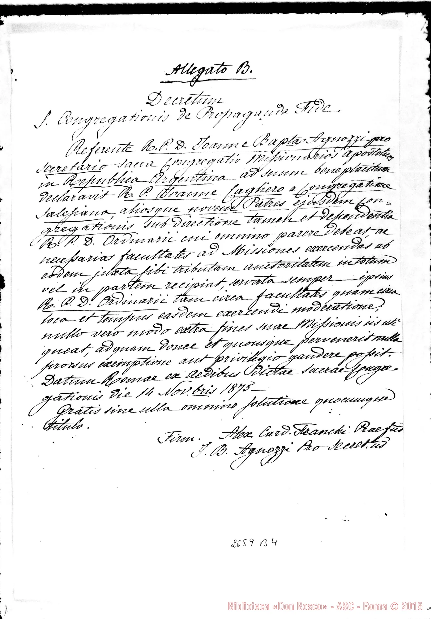 Fotogramma B 4 — Card. Franchi Alessandro: Decreto. Roma, 14-11-1875. Copia