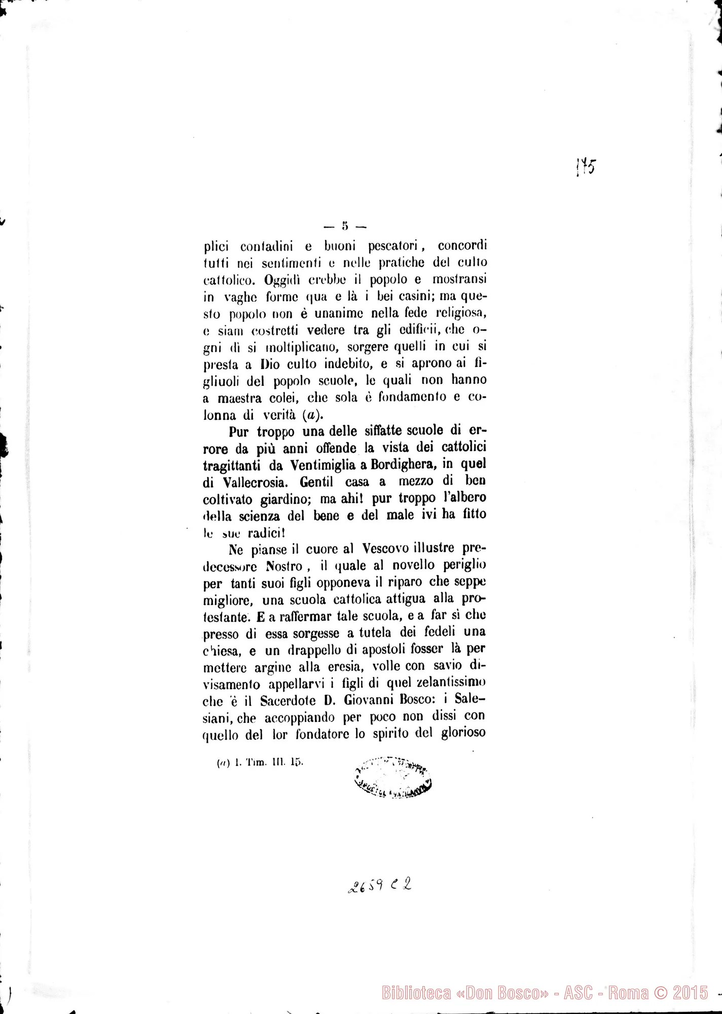 Fotogramma C 2 — Vallecrosia: Pastorale del Vesc. di Vallecrosia per la chiesa E la scuola dei salesiani. Mons. Tommaso de’ Marchesi Reggio. Stampato 1879