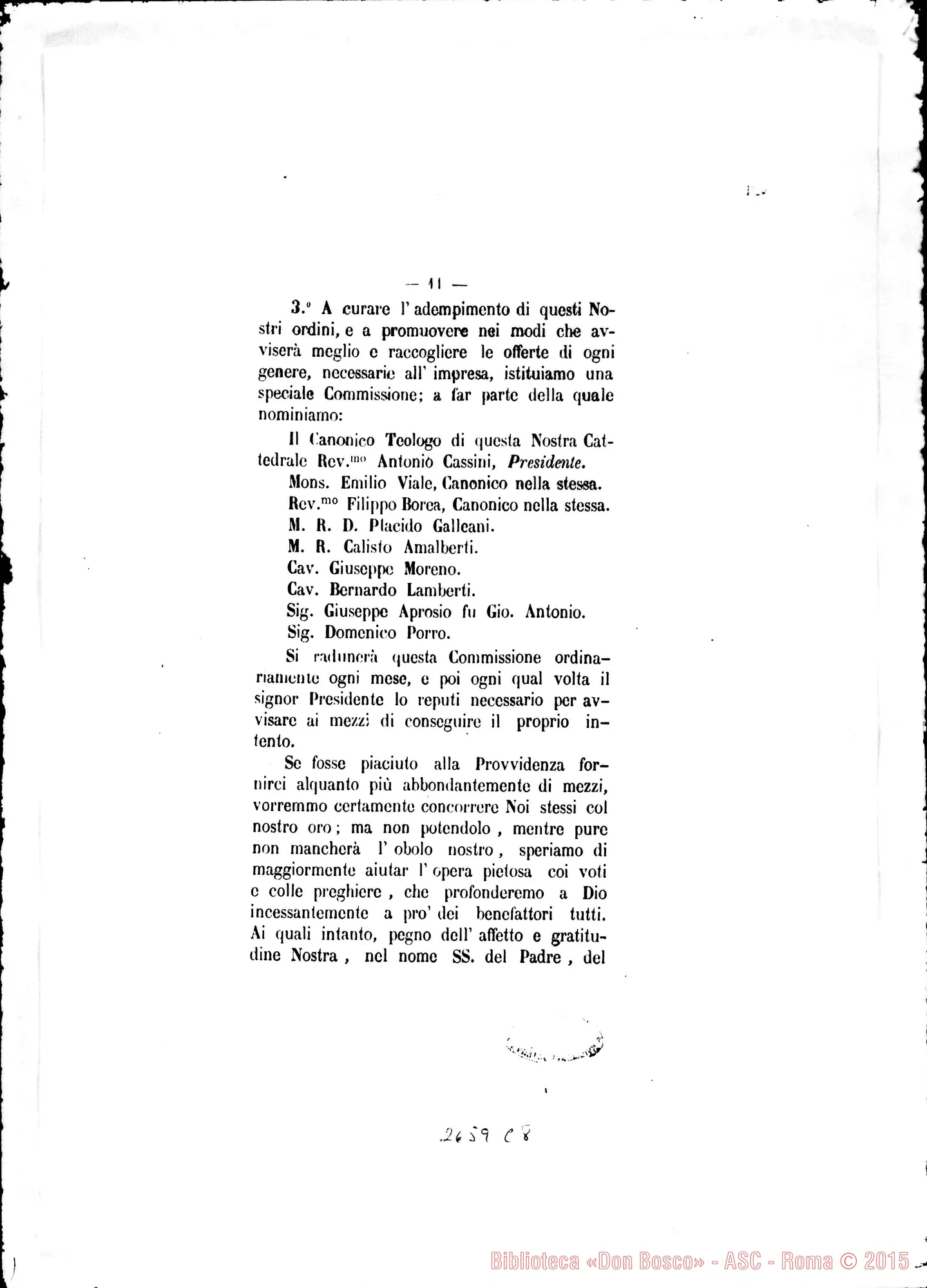 Fotogramma C 8 — Vallecrosia: Pastorale del Vesc. di Vallecrosia per la chiesa E la scuola dei salesiani. Mons. Tommaso de’ Marchesi Reggio. Stampato 1879