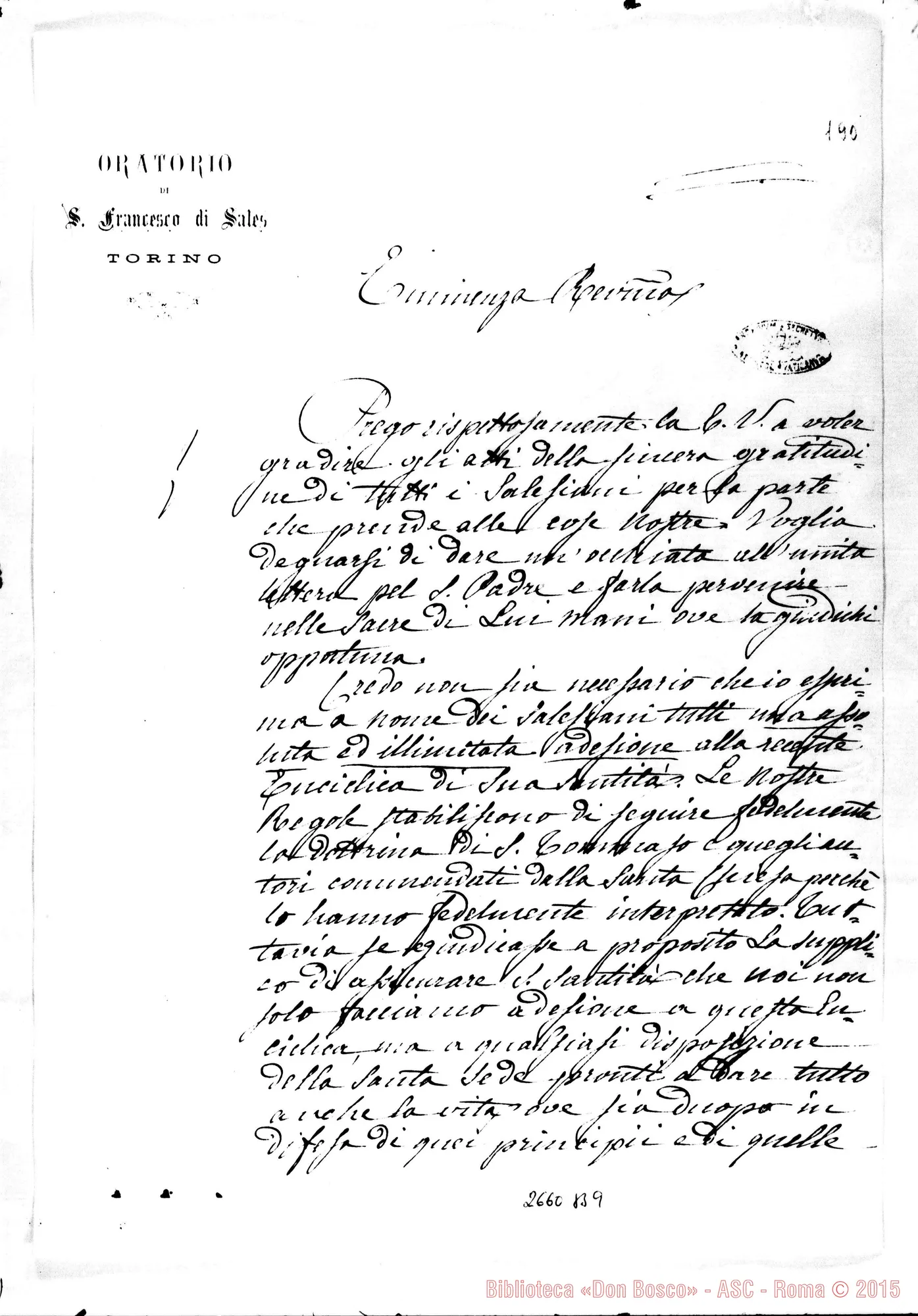 Fotogramma B 9 — Adesione airEnciclica: D. Bosco - Eminenza. Torino, 29-10-1879