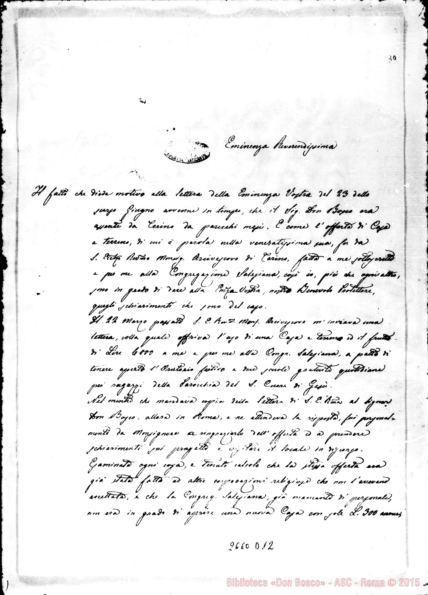 Fotogramma D 12 — Sulla proposta di fondazione: D. Cagliero - Em. Nina. Torino, 10-07-1880