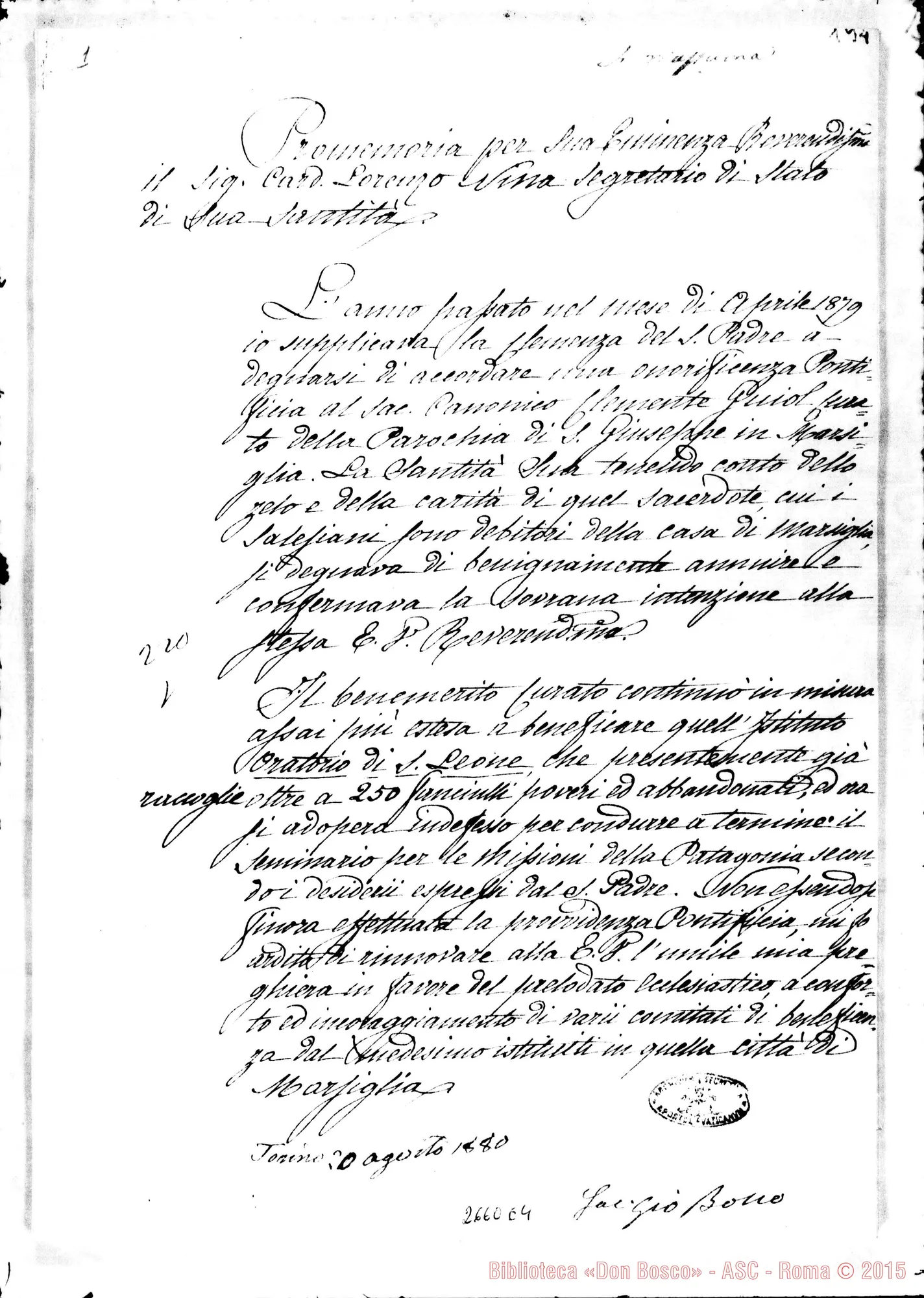 Fotogramma E 4 — Onorificenza Guiol: D. Bosco - Card. Nina: promemoria, 20-08-1880