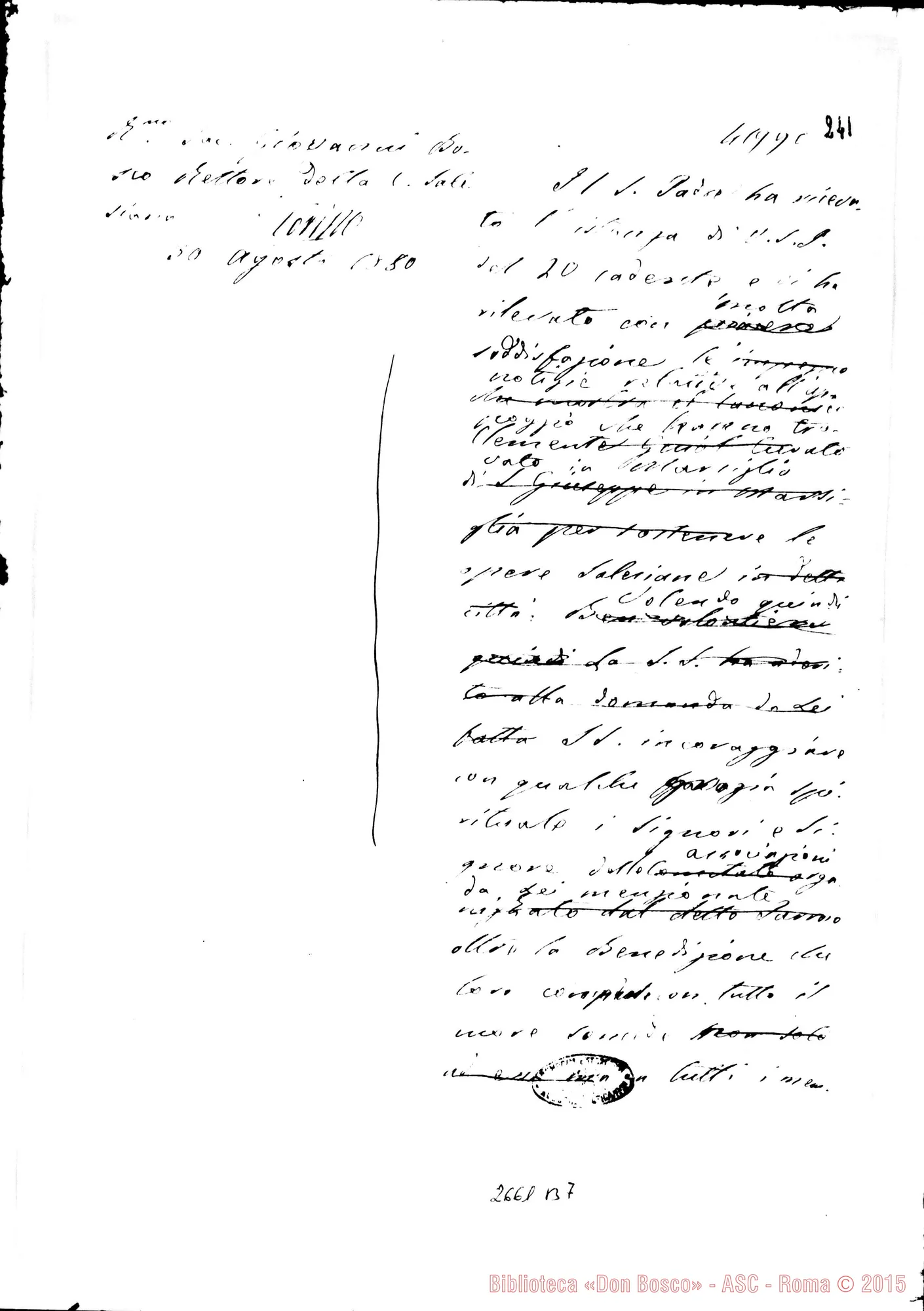 Fotogramma B 7 — Indulgenze ai Cooperatori: D. Bosco - Beatissimo Padre. Torino, 20-08-1880 E risposta