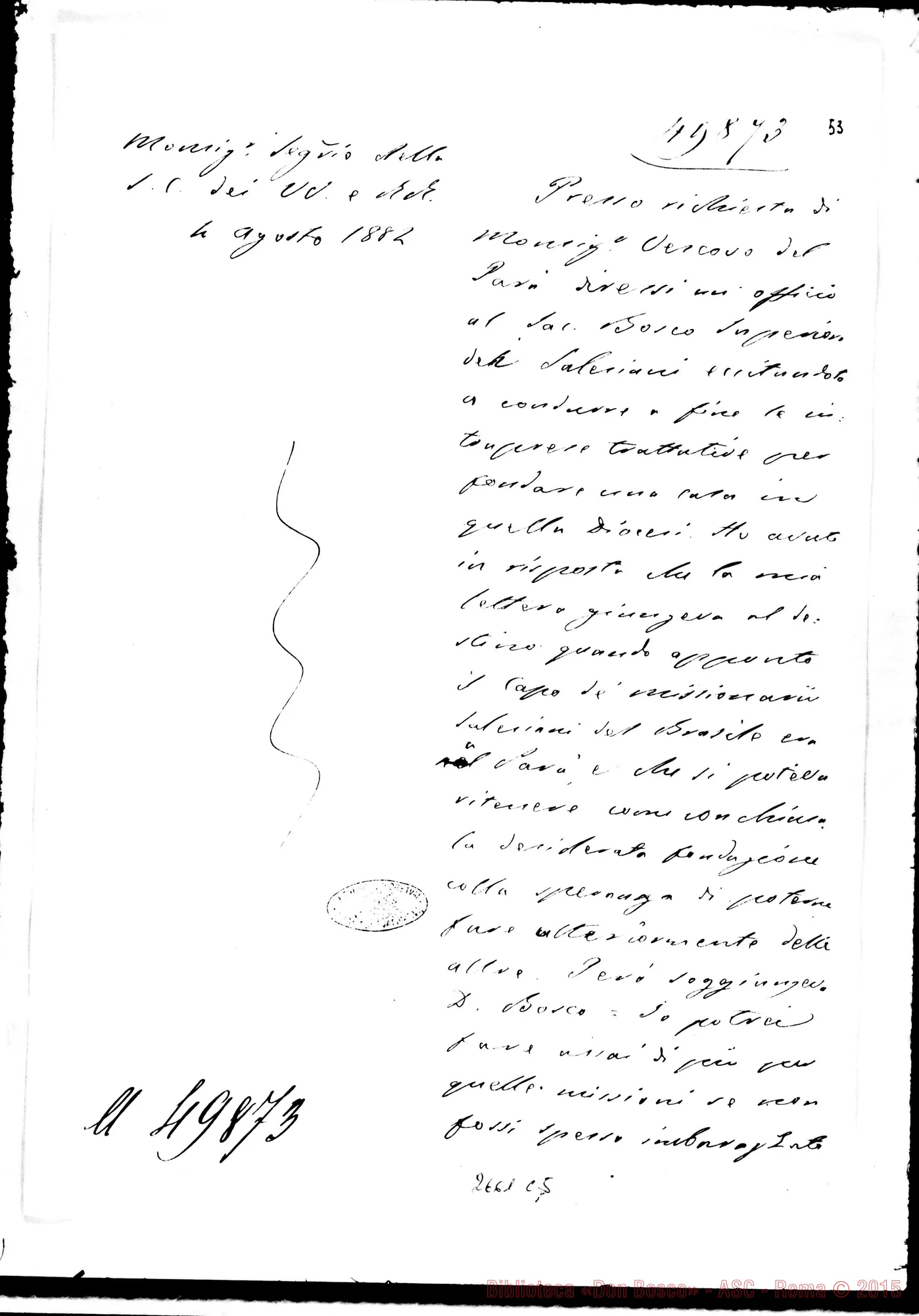 Fotogramma C 5 — Risposta del Segr. della Congr. dei W. RR. A D. Bosco. 4-08-1882