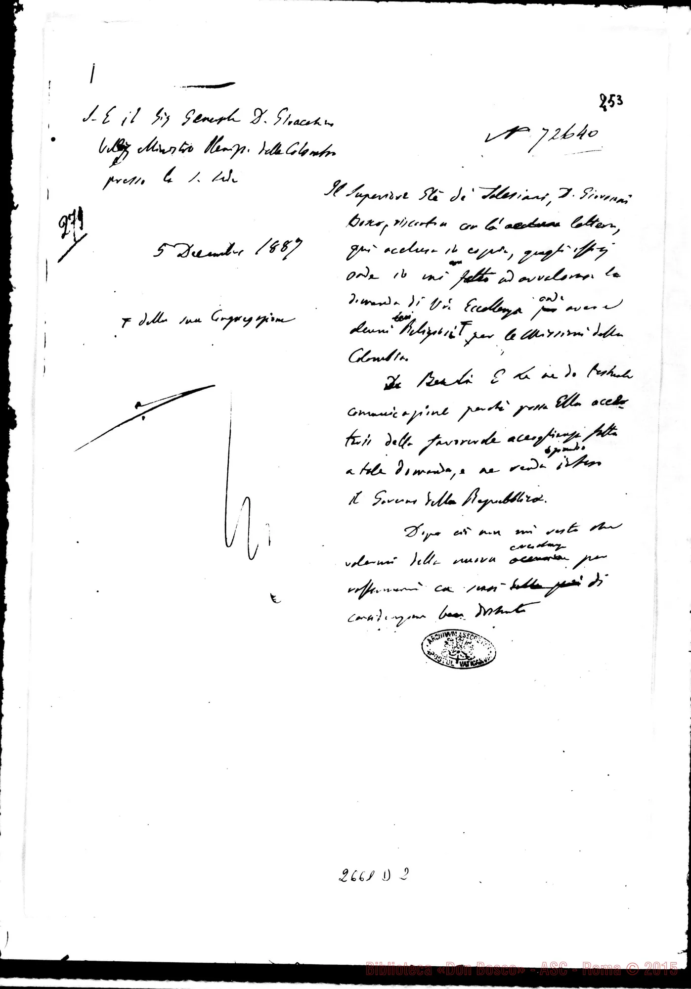 Fotogramma D 2 — Missioni Colombia: D. Bosco - Em. Rampolla, il 30-11-1887 E risposta
