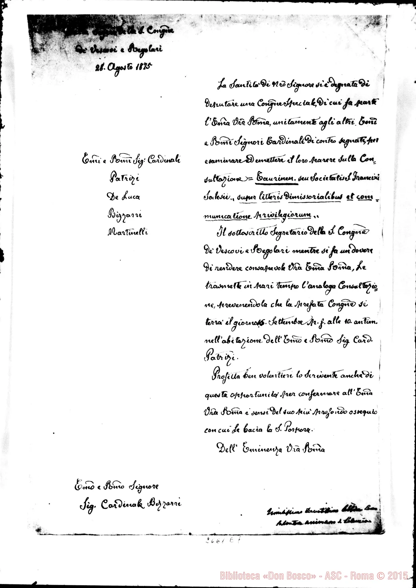Fotogramma E 7 — Nobili Vitelleschi Salvatore - Card. Bizzarri, il 28-08-1875. Privilegi