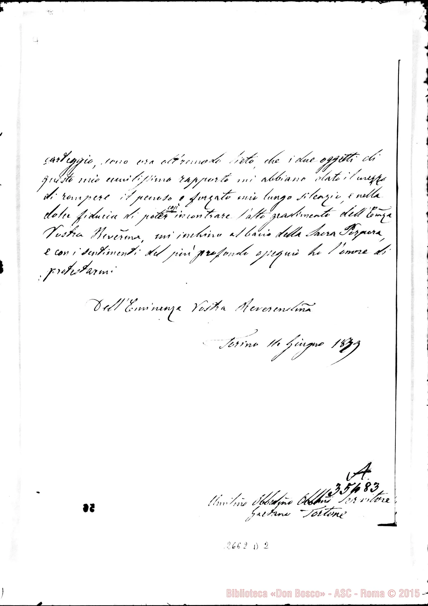 Fotogramma D 2 — Tortone Mons. Gaetano - Eminenza (Nina?). Torino, 14-06-1879 E risposta acclusa
