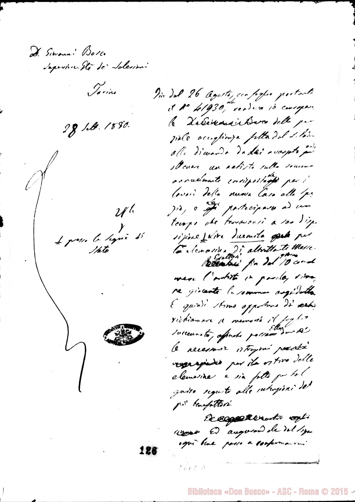 Fotogramma D 12 — Segreteria di Stato - D. Bosco, il 28-09-1880 E ricevuta. Elemosine