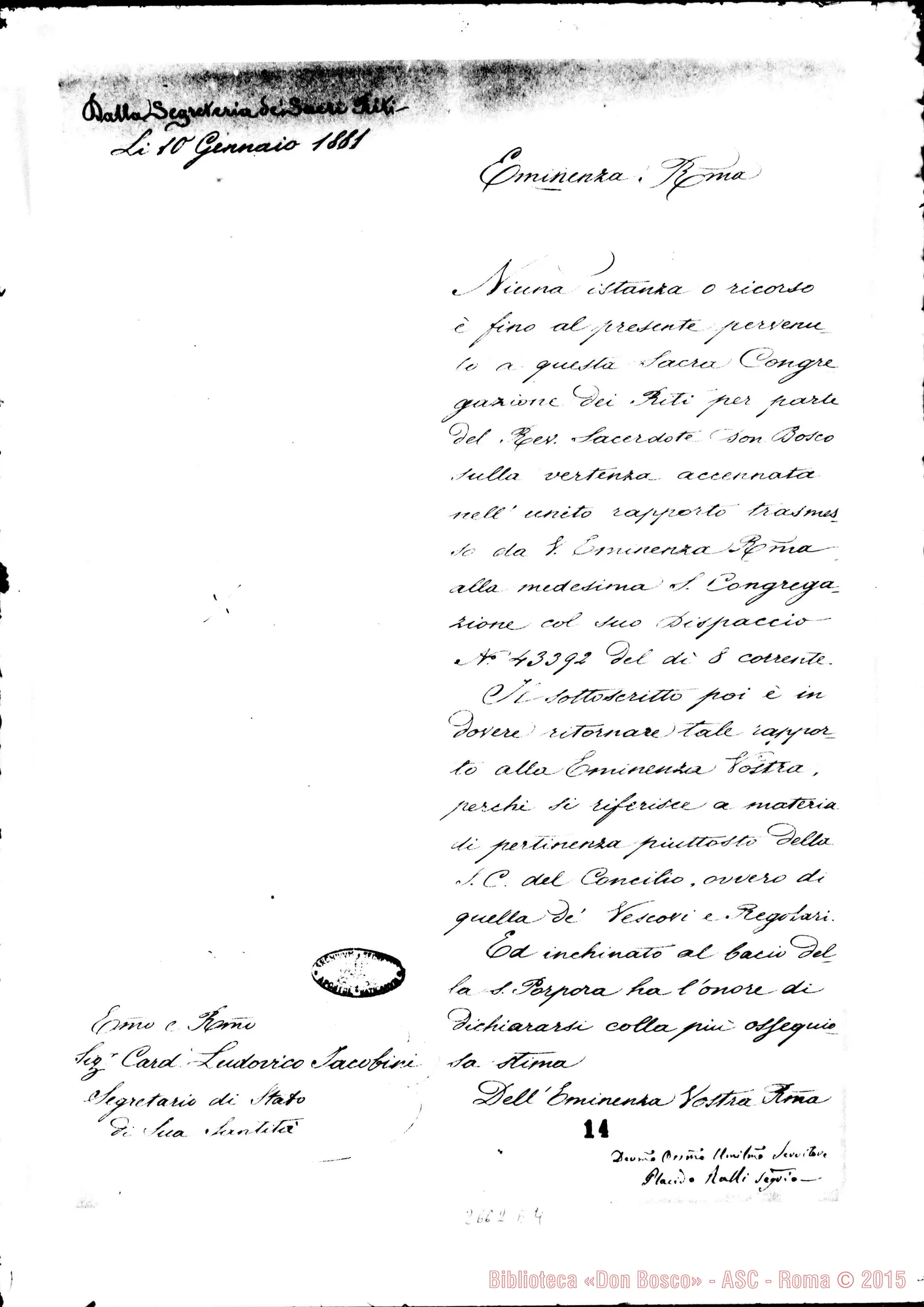 Fotogramma E 4 — Dalla Segreteria della S.Congr.Riti - Card. Ludovico Jacobini, segr. di Stato, il 10-01-1881