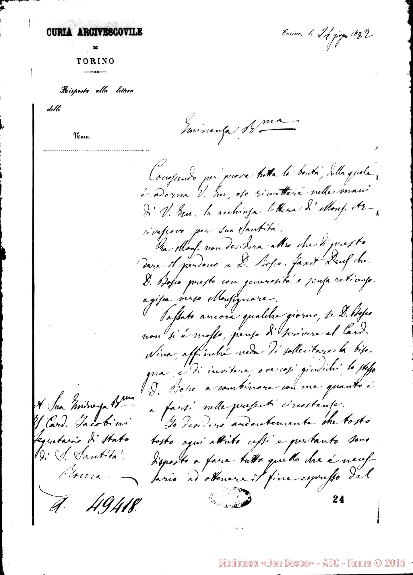 Fotogramma A 8 — Can. Colomiatti - Card. Jacobini. Torino, 24-06-1882, con notificaz. del Card. Nina