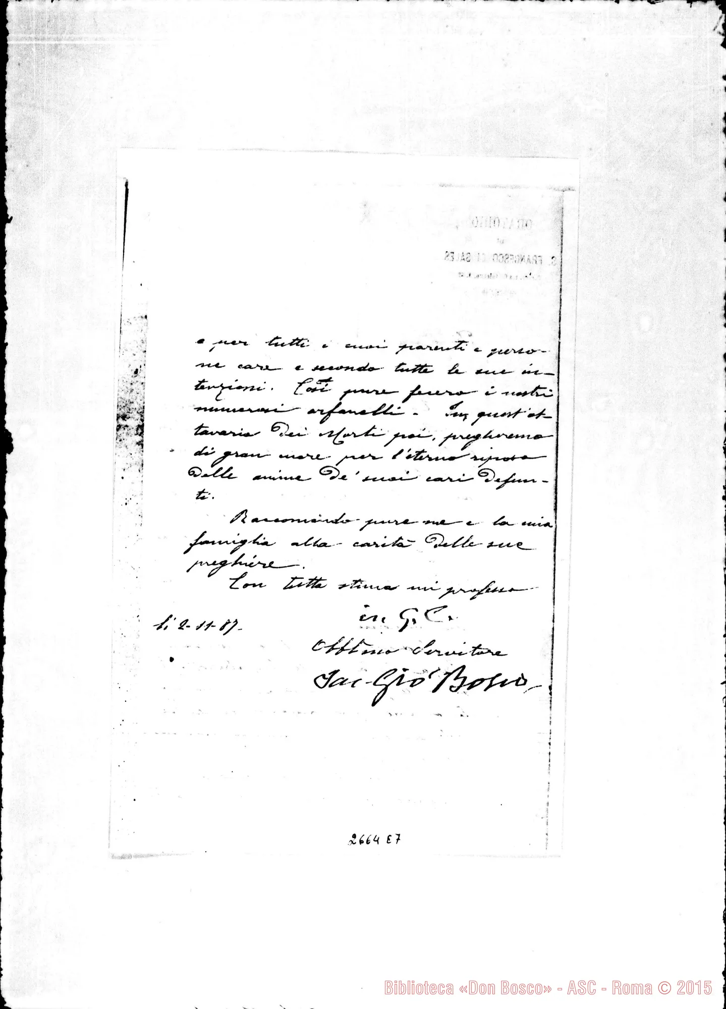 Fotogramma E 7 — D. Bosco - Boggio Ignazio. Torino, 26-12-1866 E risposta acclusa