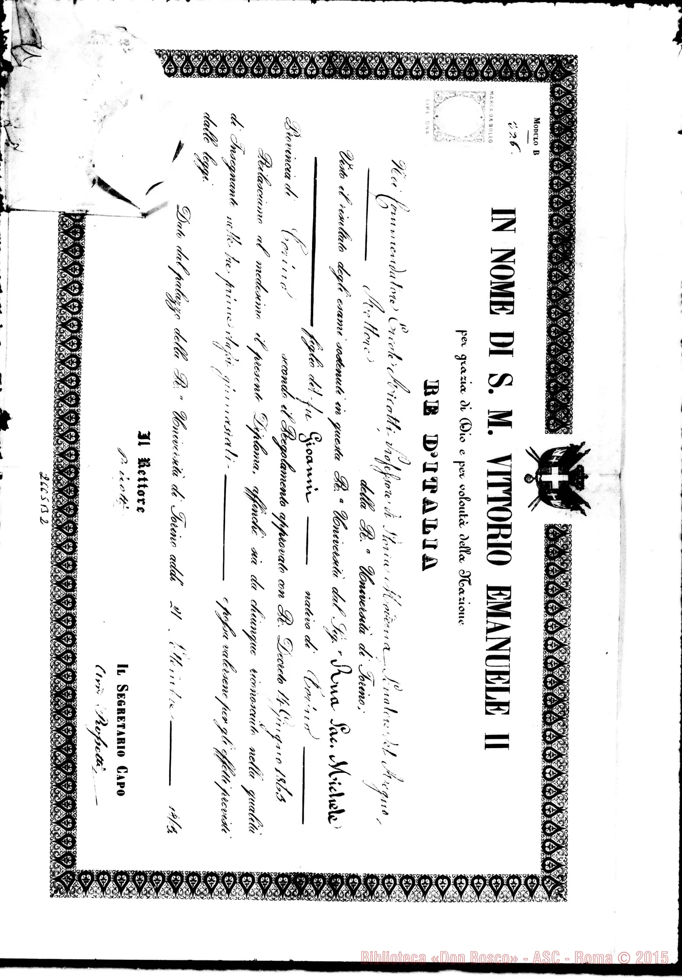 Fotogramma B 2 — Insegnante nelle tre prime classi ginnasiali. Settembre 1863