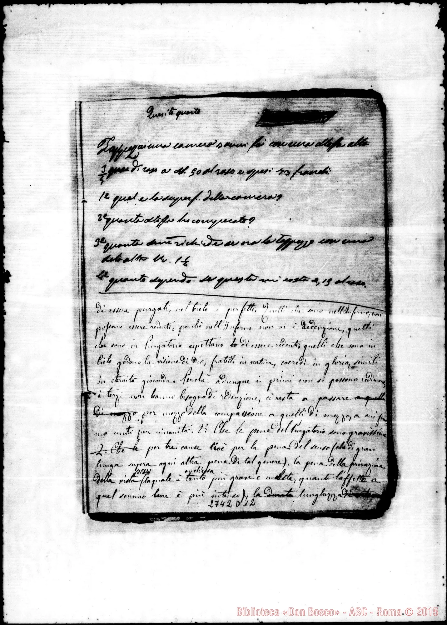 Fotogramma D 12 — Quaderno: In un quaderno di Aritmetica e Altre, discorso sulla misericordia verso i defunti «de intentione»