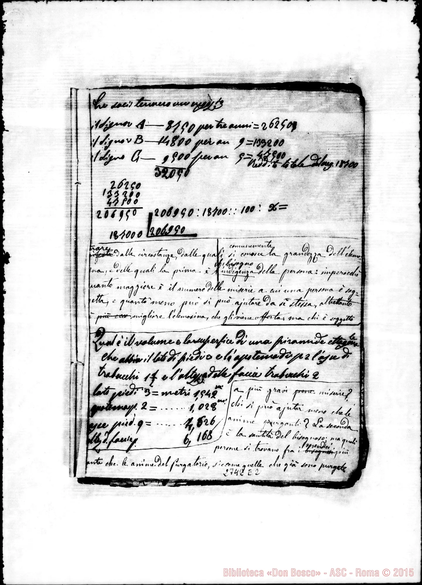 Fotogramma E 2 — Quaderno: In un quaderno di Aritmetica e Altre, discorso sulla misericordia verso i defunti «de intentione»