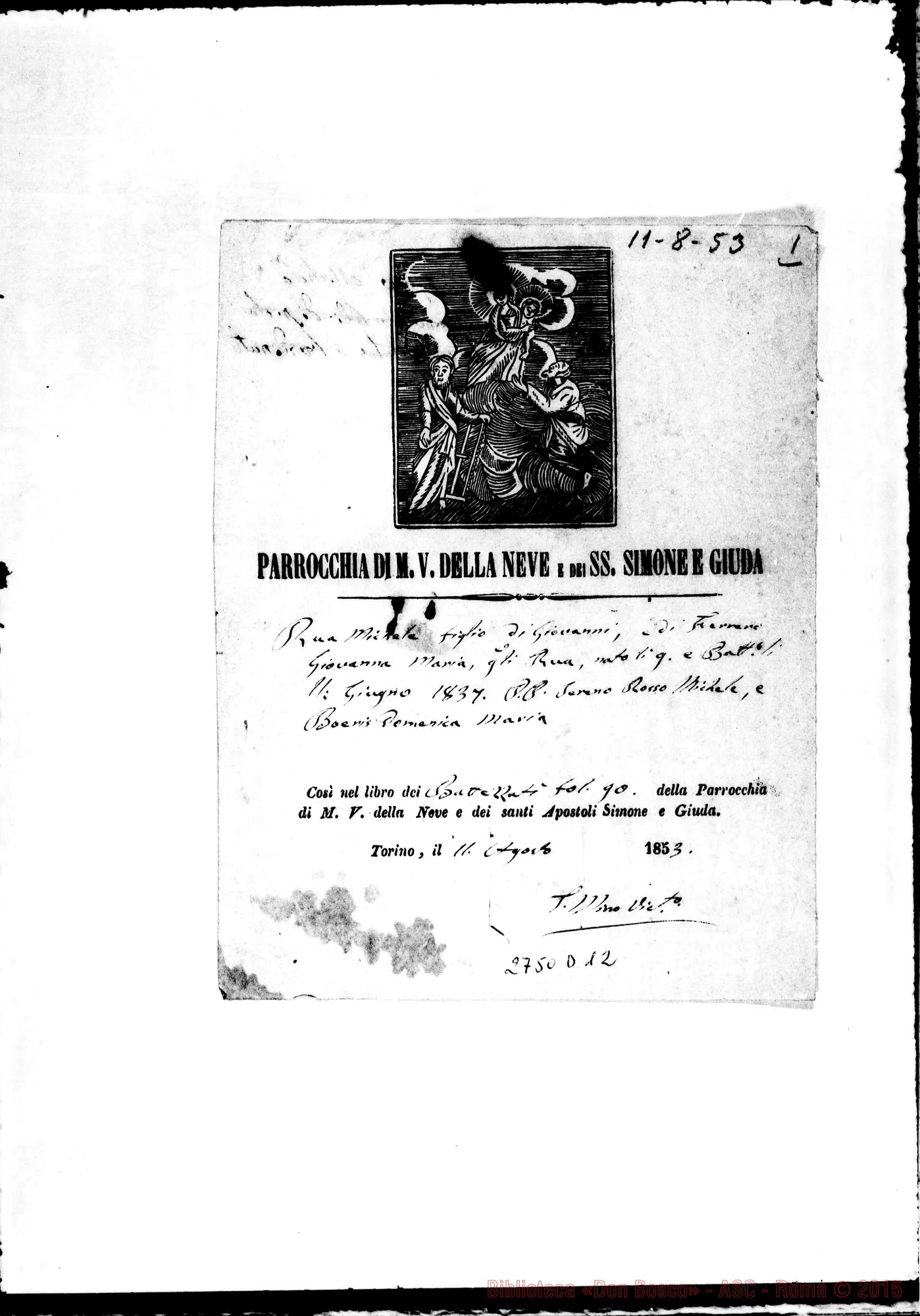 Fotogramma D 12 — Attestato di nascita E battesimo di Michele Rua. Torino, 11-08-1853