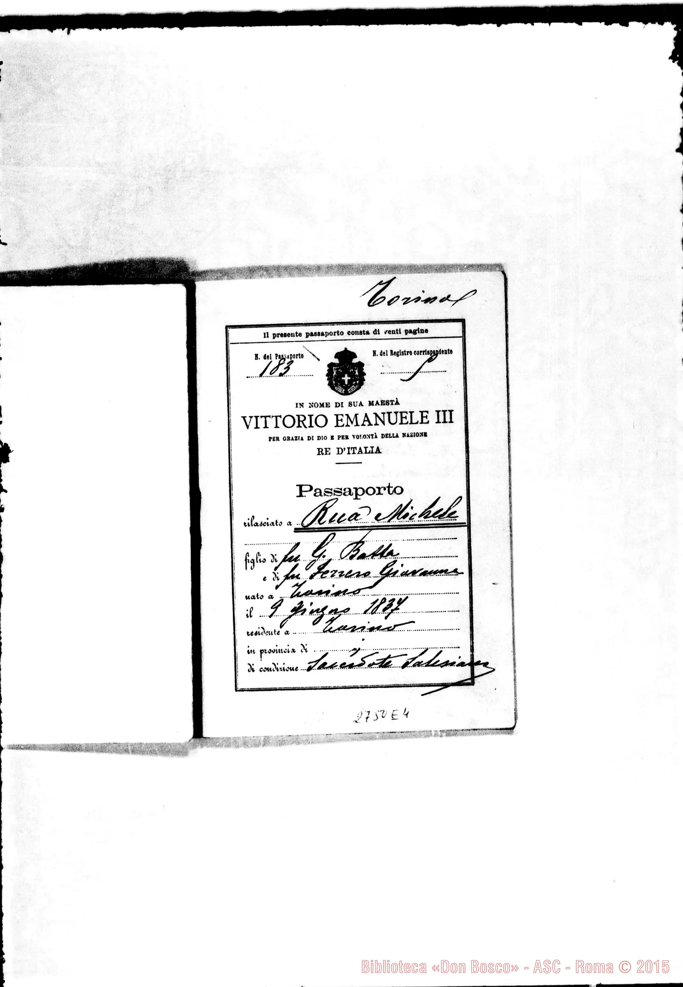 Fotogramma E 4 — Regno d’Italia: passaporto per Testerò
