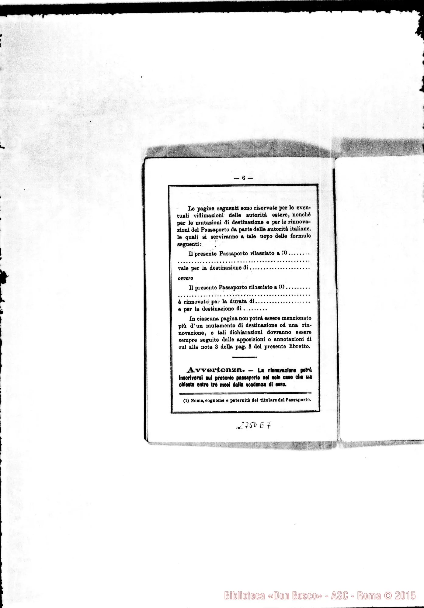 Fotogramma E 7 — Regno d’Italia: passaporto per Testerò