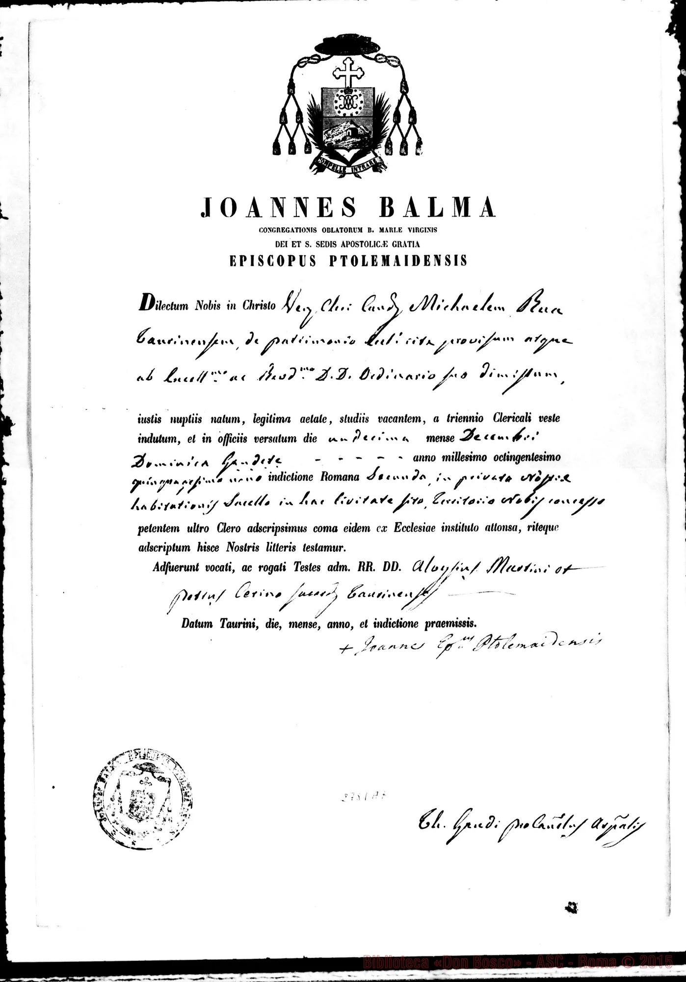 Fotogramma A 7 — Ascrizione al Clero da Mons. Balma Giovanni. Torino, 11-12-1859