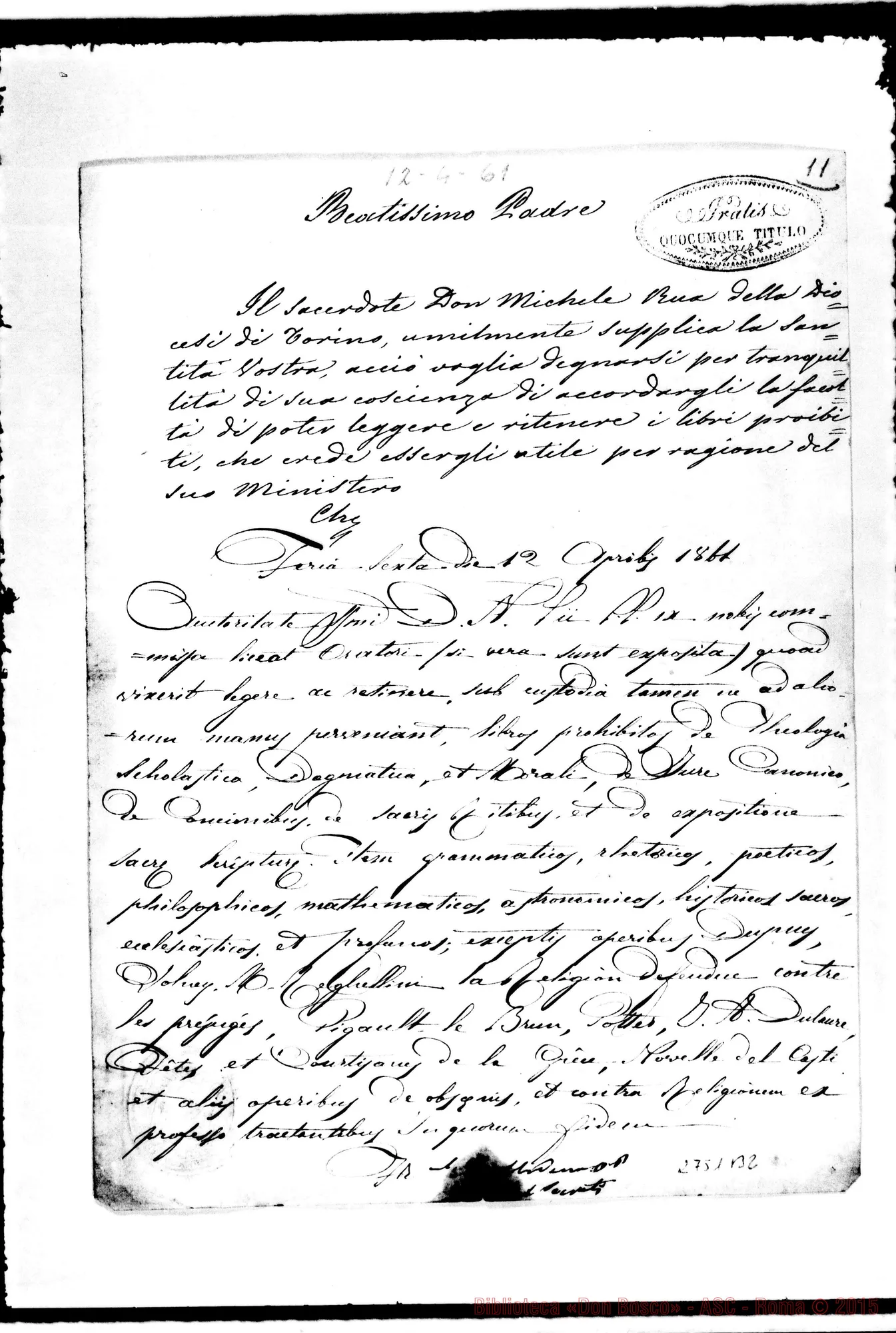 Fotogramma B 2 — Facoltà di leggere E ritenere libri proibiti. Roma, 12-04-1861