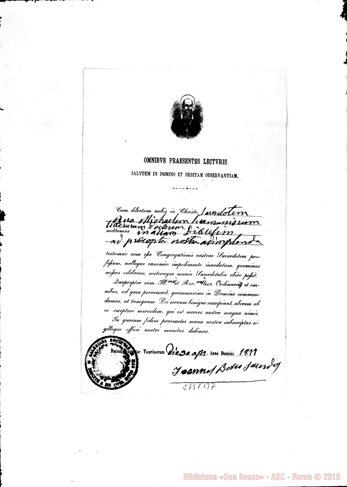Fotogramma B 7 — Attestato per il «Celebret». Ms.autogr.Bosco. Torino, 30-04-1877