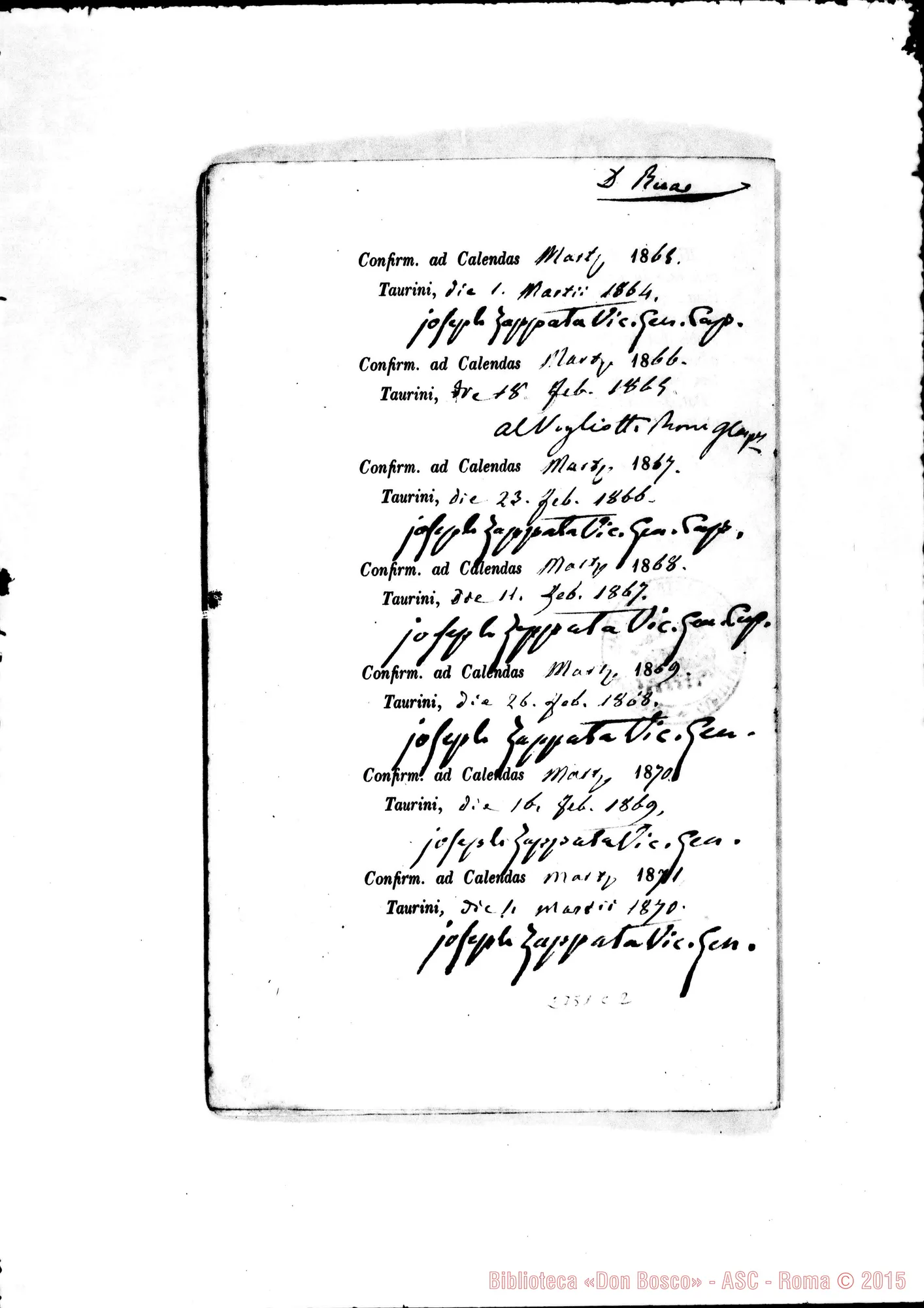 Fotogramma C 2 — Facoltà di confessare. Torino, 27-06-1862. Zappata, Vicario Gen.