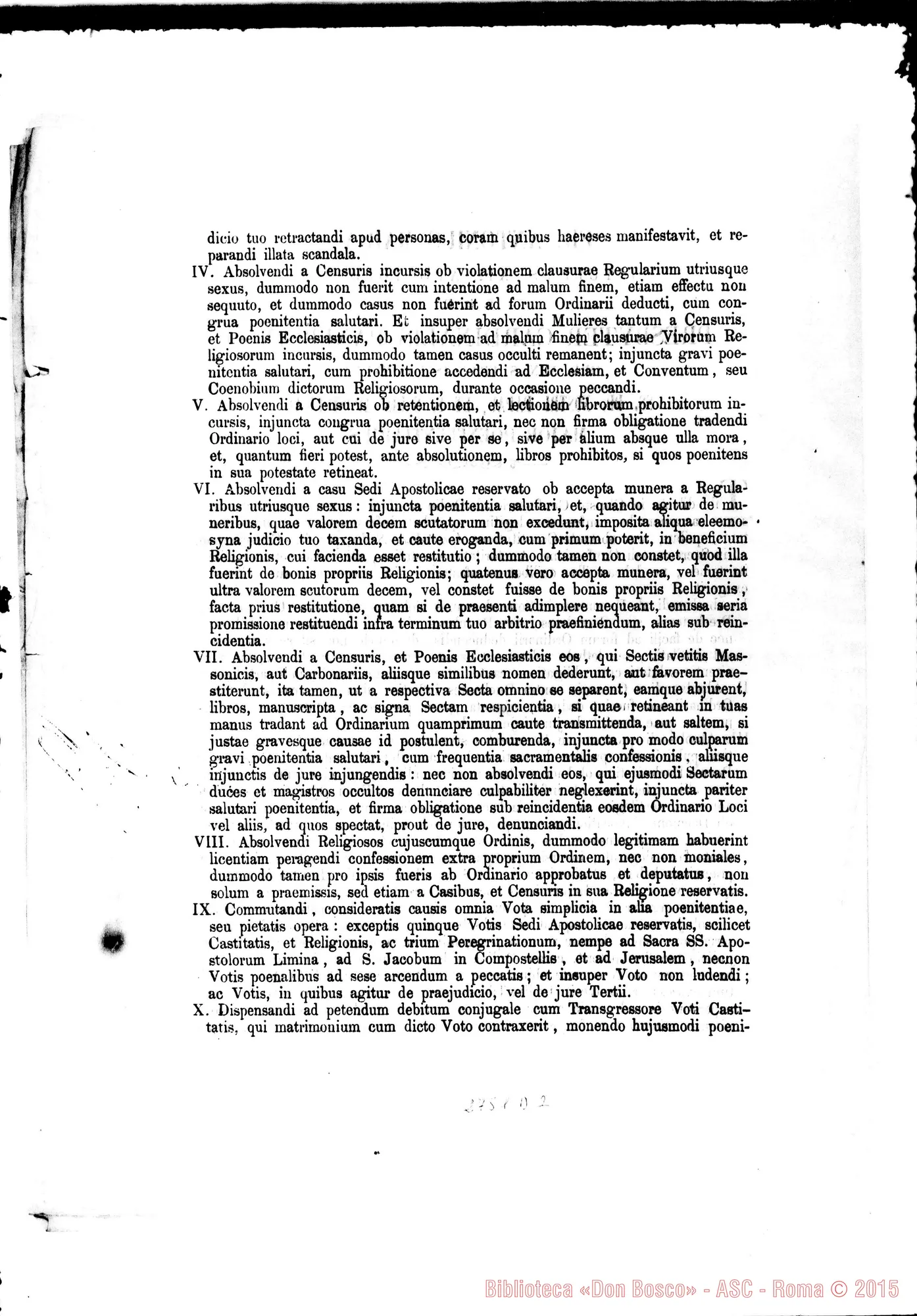 Fotogramma D 2 — Facoltà di assolvere nei casi speciali. Card. Panebianco, Major Poenitentiarius. Roma, 12-03-1875