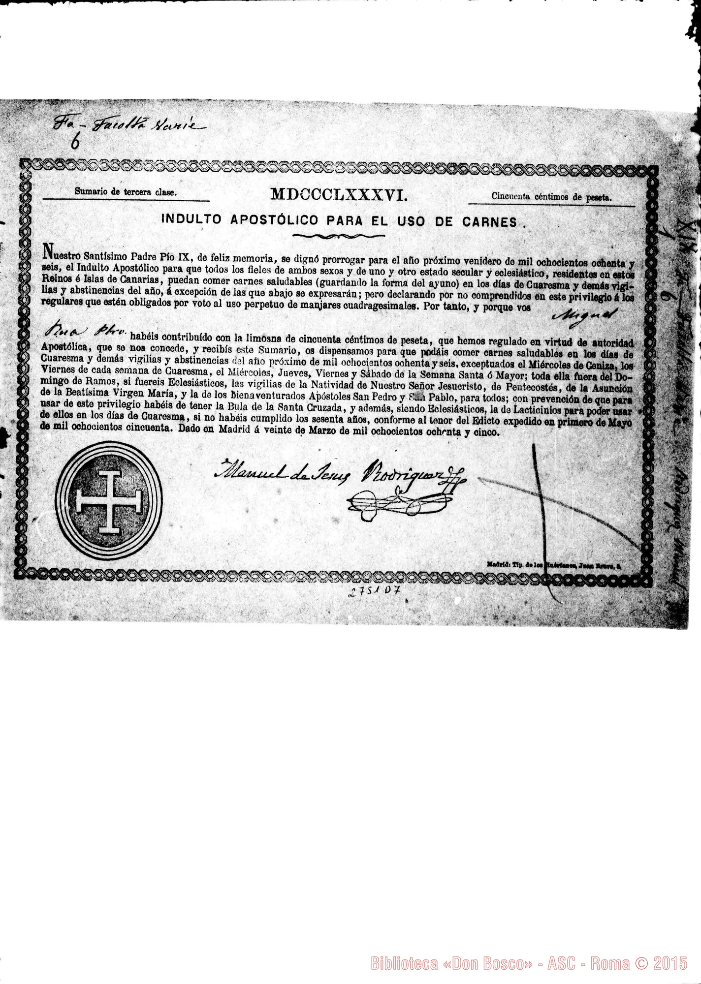 Fotogramma D 7 — Indulto apostolico para el uso de carnes. Madrid, 1885