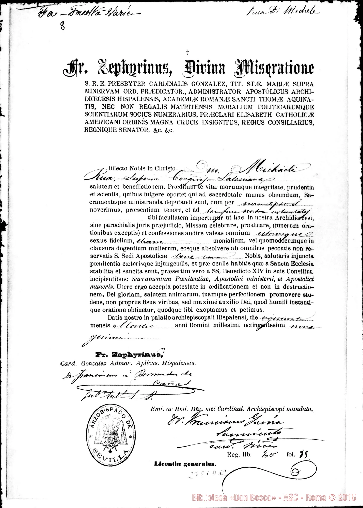 Fotogramma D 12 — Licentiae generales confessiones audiendi. Sevilla, 20-03-1900