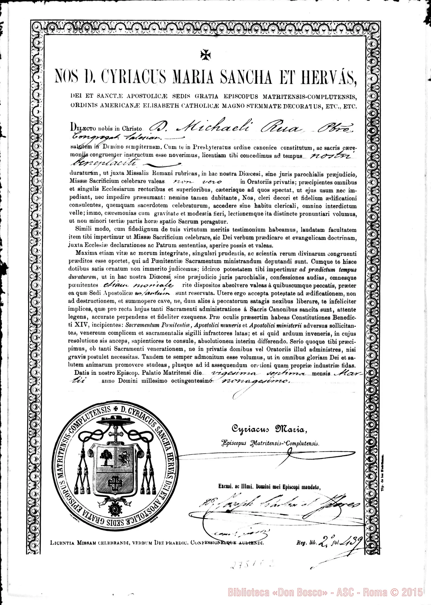 Fotogramma E 2 — Licentia Missam celebrandi, verbum Dei praedicandi, confessionesque audiendi. Madrid, 27-03-1900
