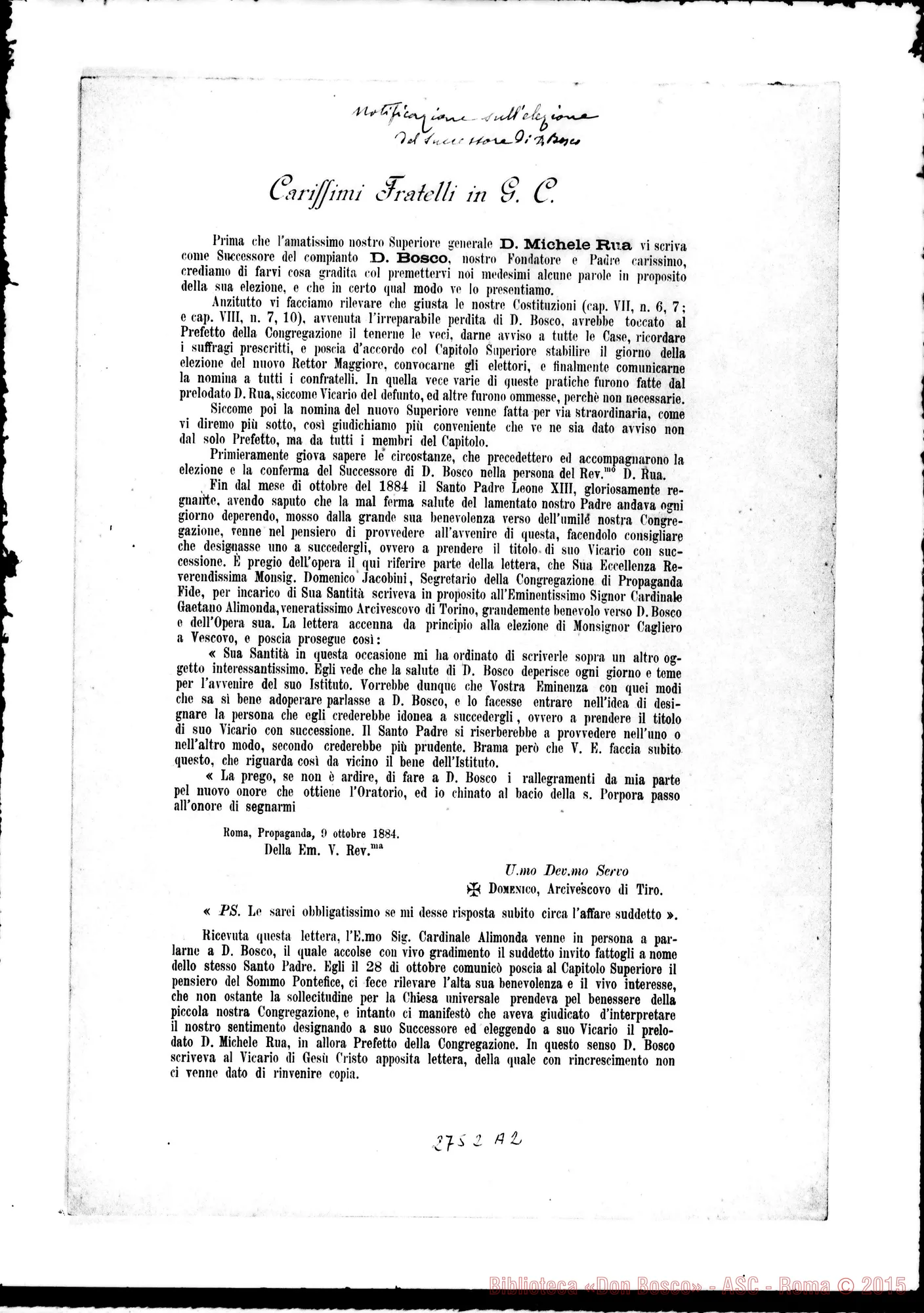 Fotogramma A 2 — Don Michele Rua venne nominato successore di Don Bosco nel 1884. Circolare del Consiglio Superiore ai Confratelli il 7-03-1888. Stampato. Autogr. Rua