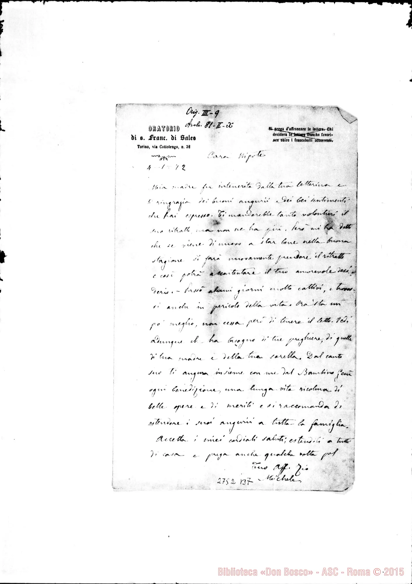 Fotogramma B 7 — Rua alla nipote Teresa. Torino, 4-01-1872