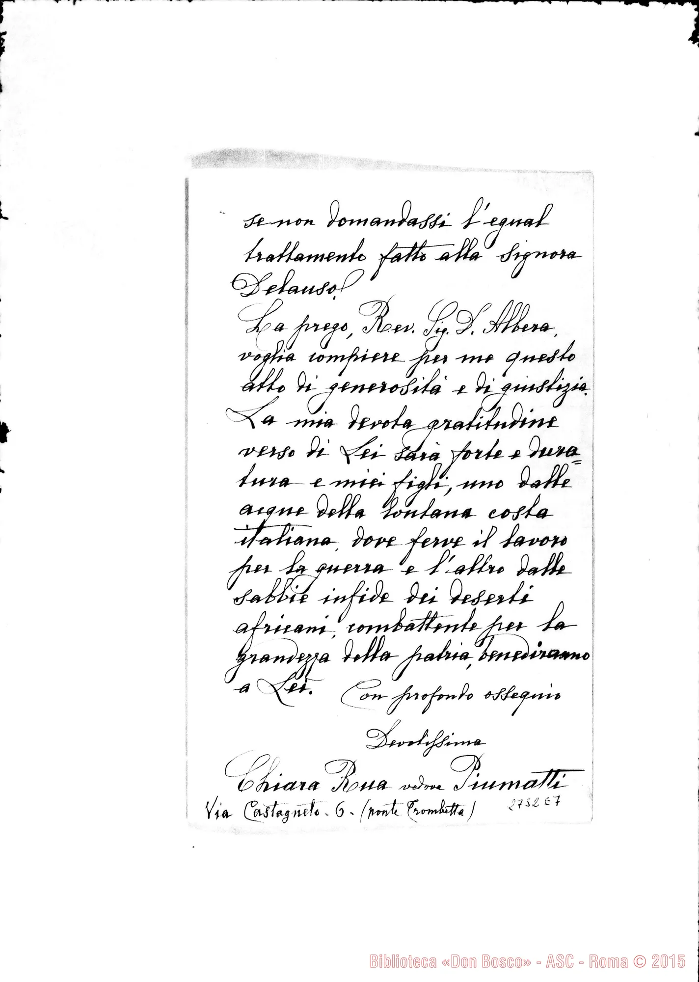 Fotogramma E 7 — Chiara Rua, ved. Piumatti - Rev.mo Signore. Torino, 26-06-1912