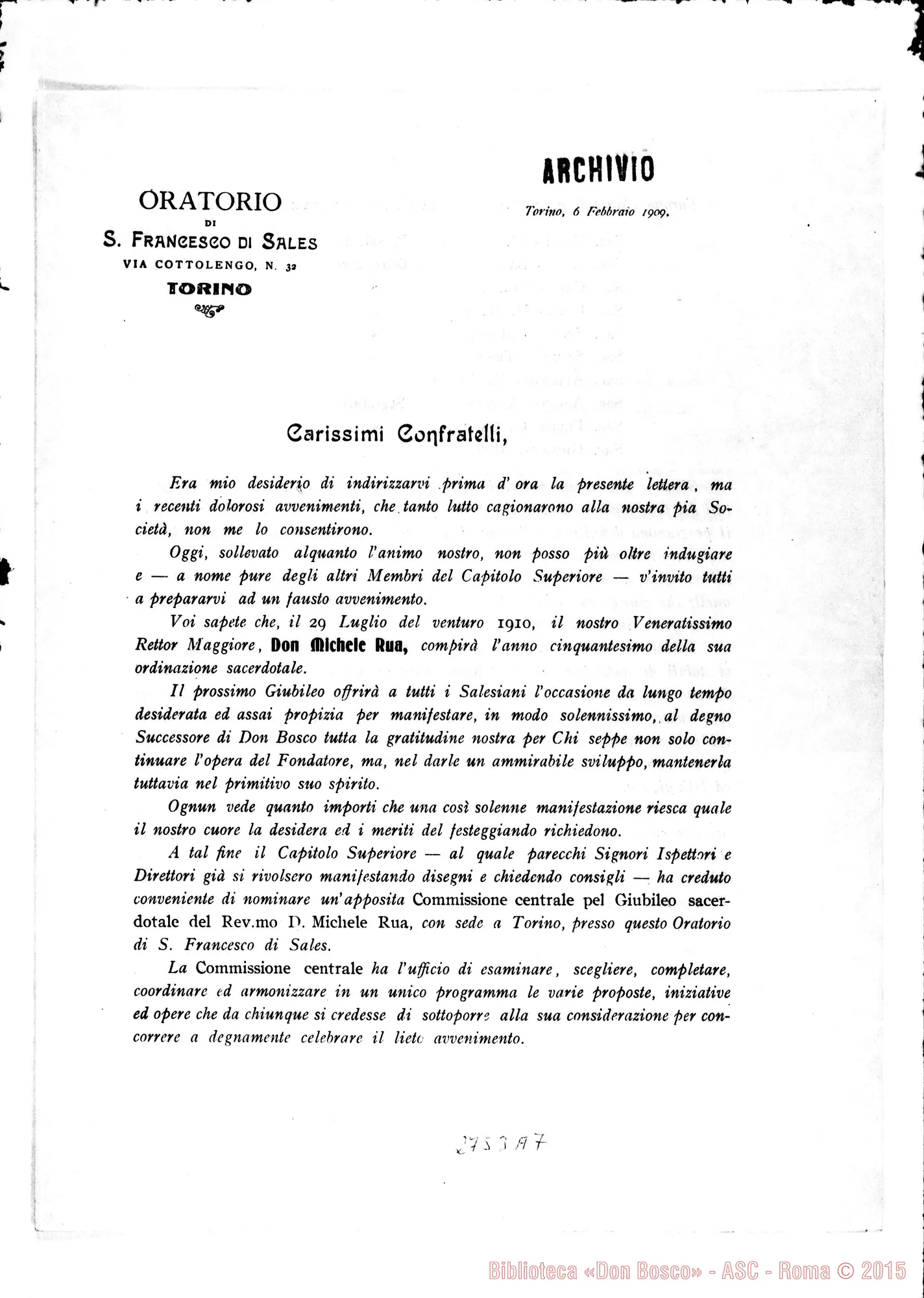 Fotogramma A 7 — Rinaldi Filippo: Circolare ai Confratelli. Stampato. Torino, 6-02-1909