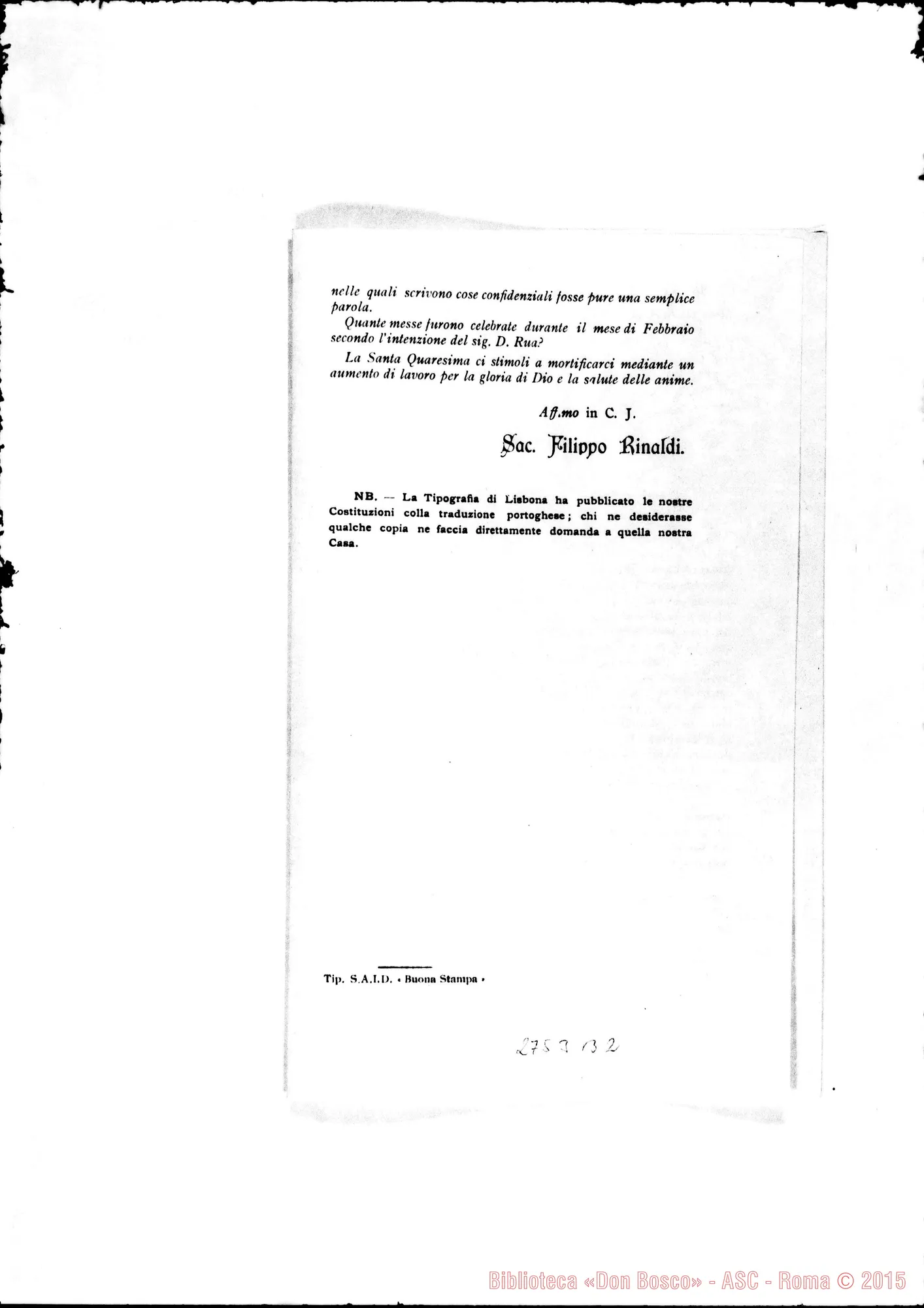 Fotogramma B 2 — Rinaldi Filippo: Circolare ai Confratelli. Stampato. Torino, 24-02-1909