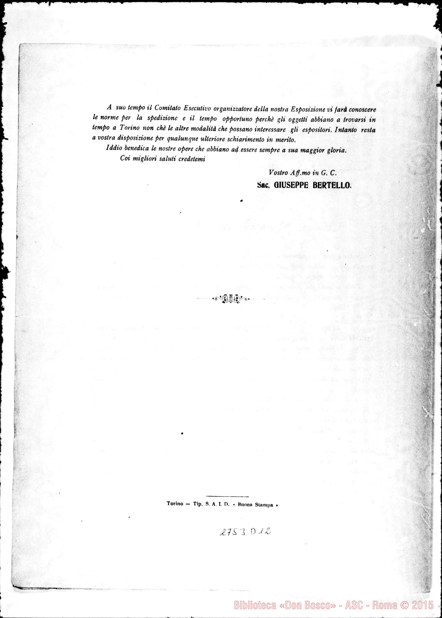 Fotogramma D 12 — Bertello D. Giuseppe: Circolare agli Ispettori E Direttori sull’esposizione