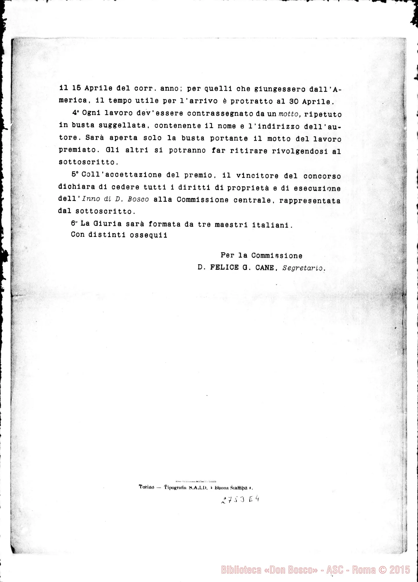 Fotogramma E 4 — Cane Felice: Circolare ai Maestri: Concorso Musicale per l’inno. 10-02-1910