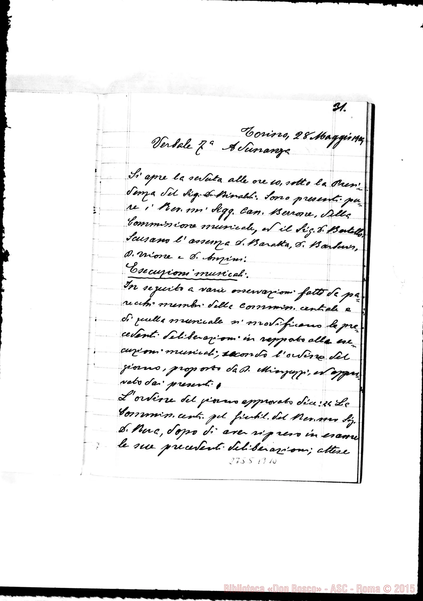 Fotogramma B 10 — Verbali delle adunanze della Commissione Centrale per le feste giubilari della Messa d’Oro del Rev.mo Sig. D. Michele Rua