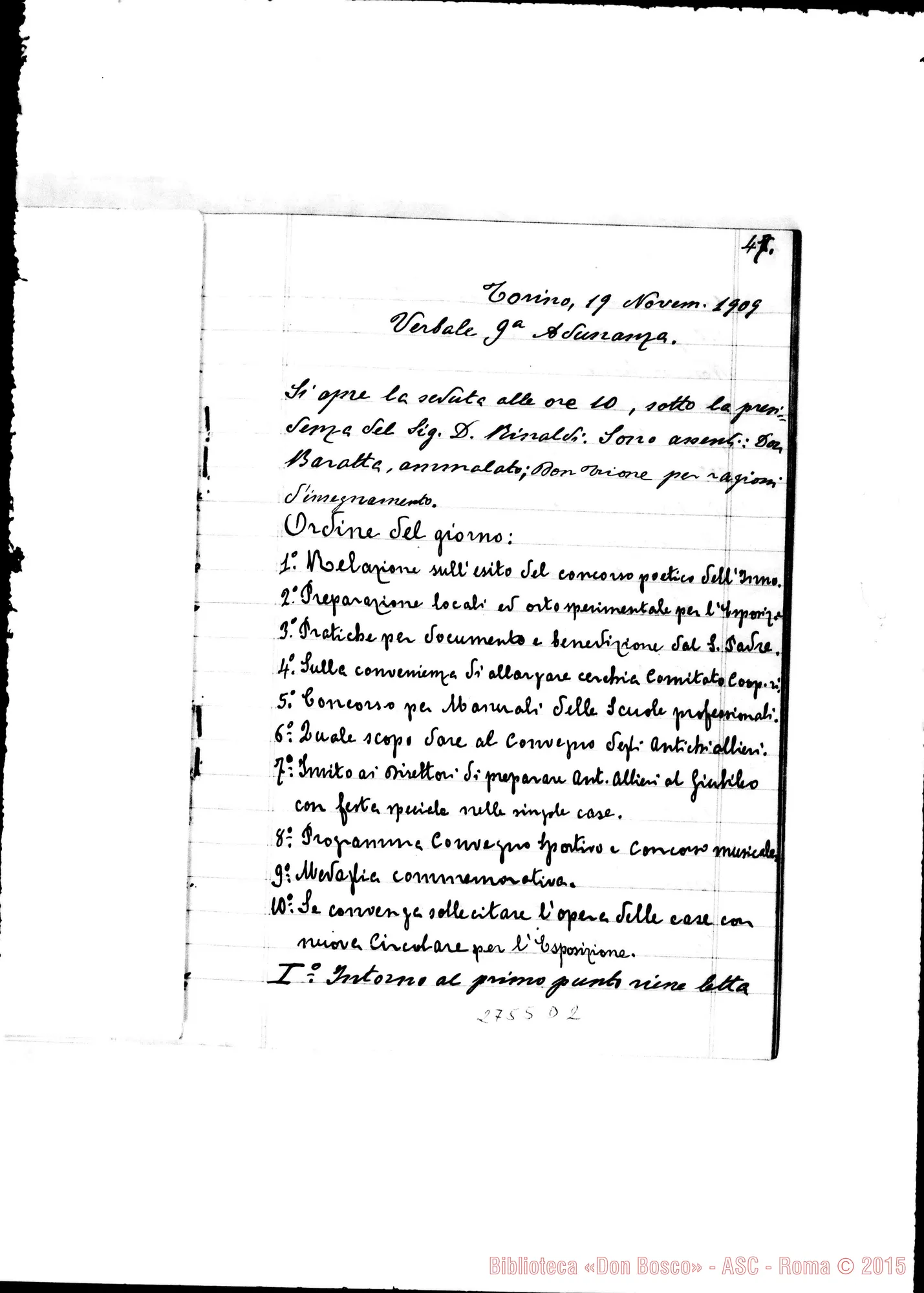 Fotogramma D 2 — Verbali delle adunanze della Commissione Centrale per le feste giubilari della Messa d’Oro del Rev.mo Sig. D. Michele Rua