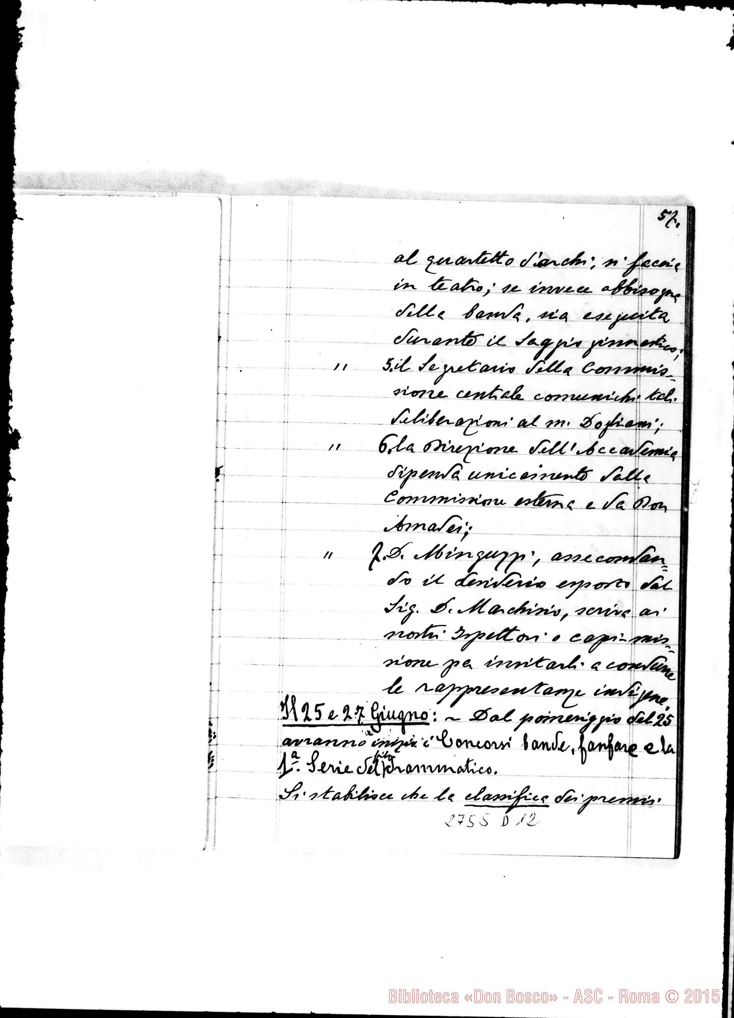 Fotogramma D 12 — Verbali delle adunanze della Commissione Centrale per le feste giubilari della Messa d’Oro del Rev.mo Sig. D. Michele Rua