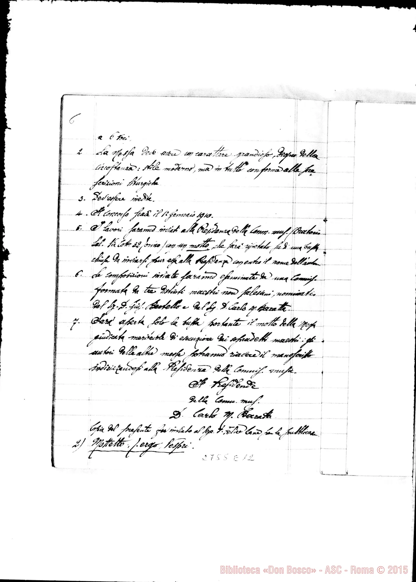 Fotogramma E 12 — Verbali della Commissione Musicale per il Giubileo Sacerdotale di D. Rua