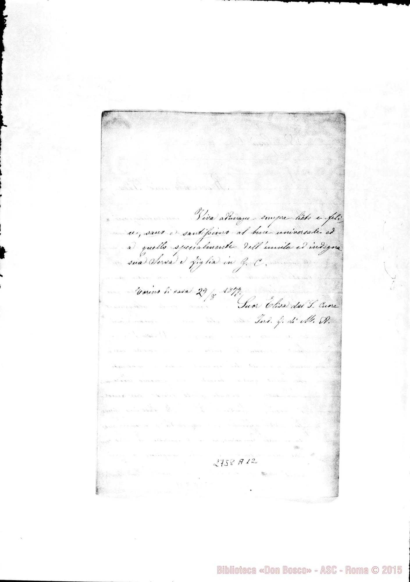 Fotogramma A 12 — Sr. Elisa del Sacro Cuore: lettera