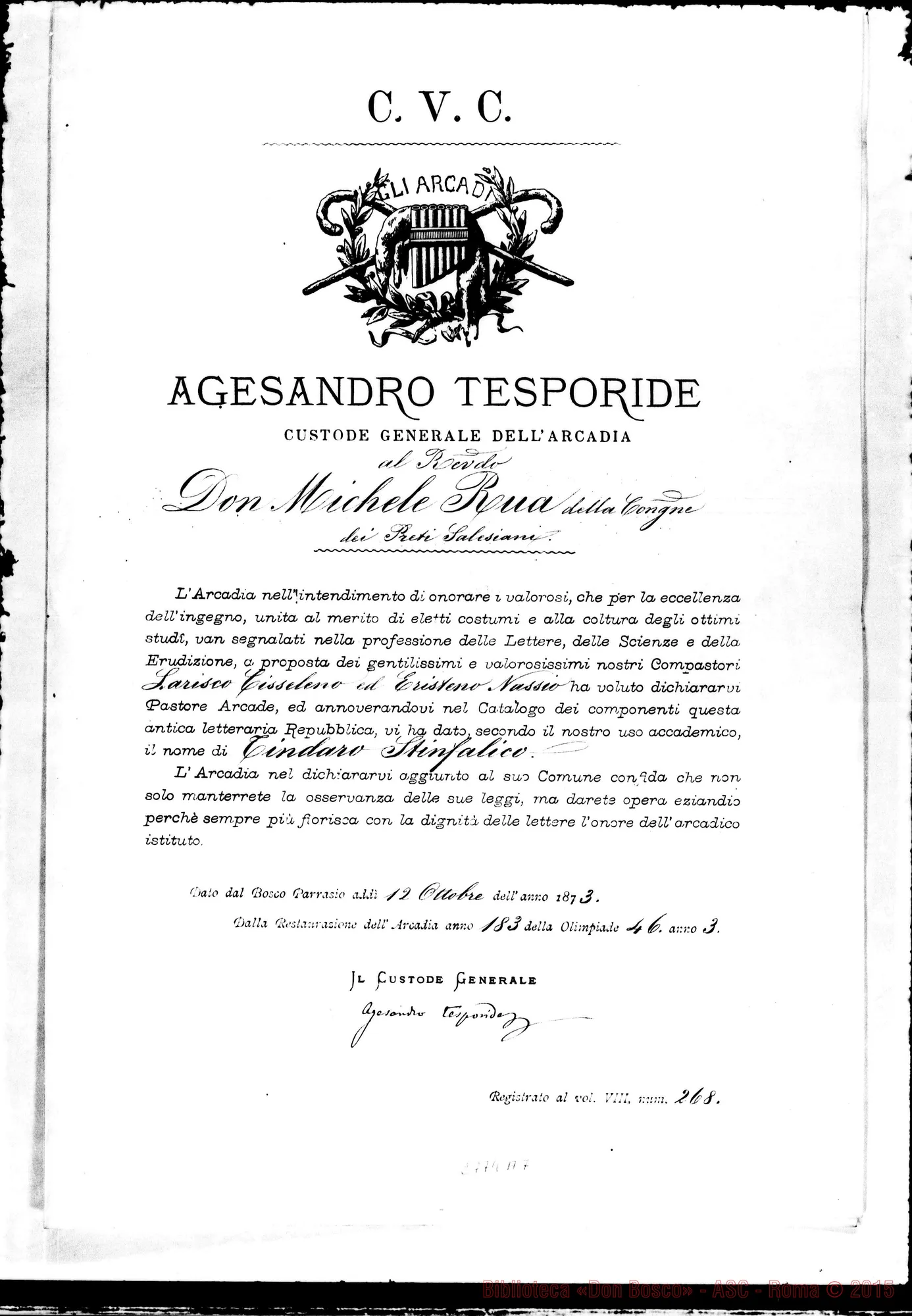 Fotogramma A 7 — Titolo Arcadico di «Tindaro Stinfalico». 1873