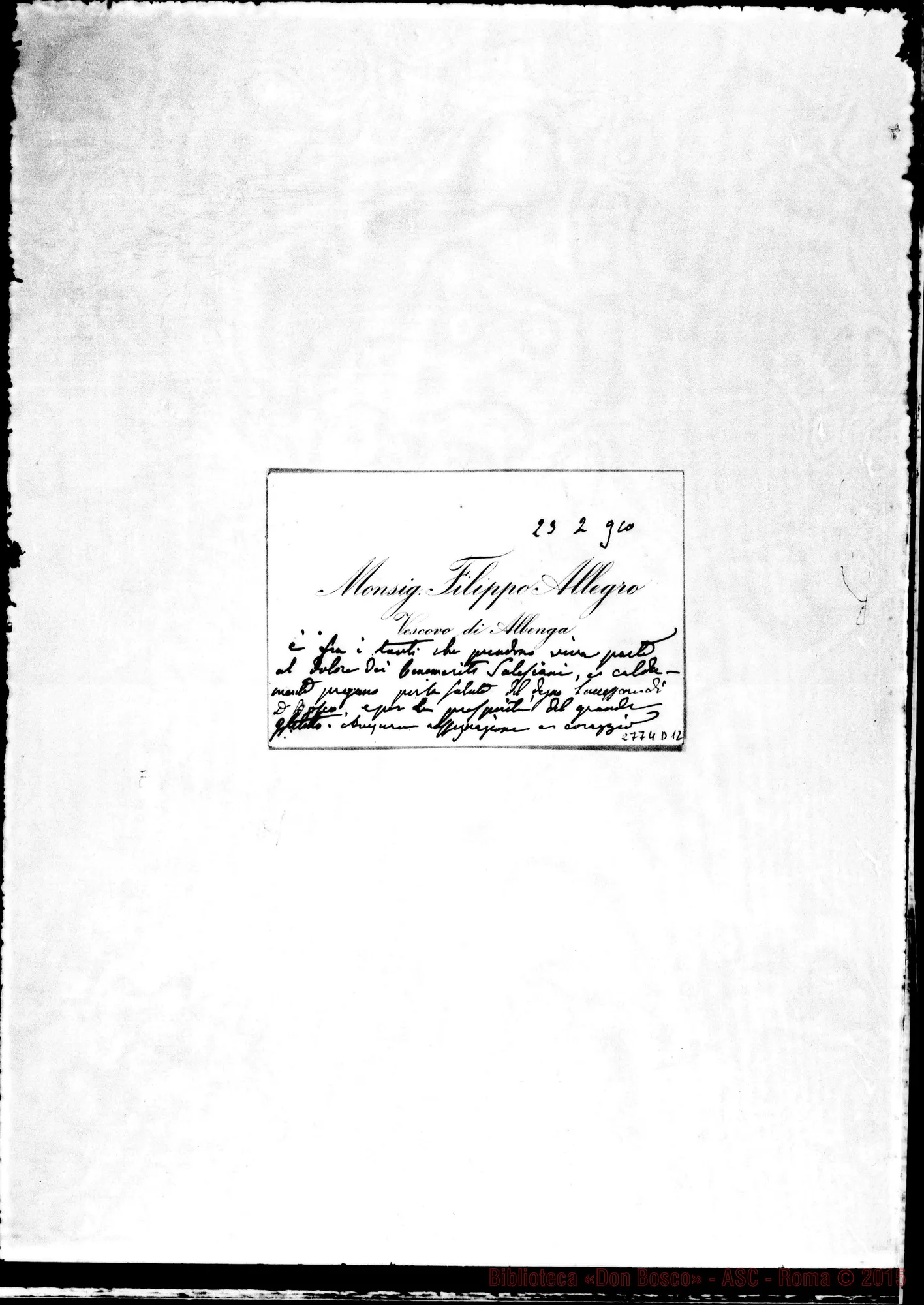 Fotogramma D 12 — Allegro Filippo, Monsignore, Vescovo di Albenga. Bigliettino da visita