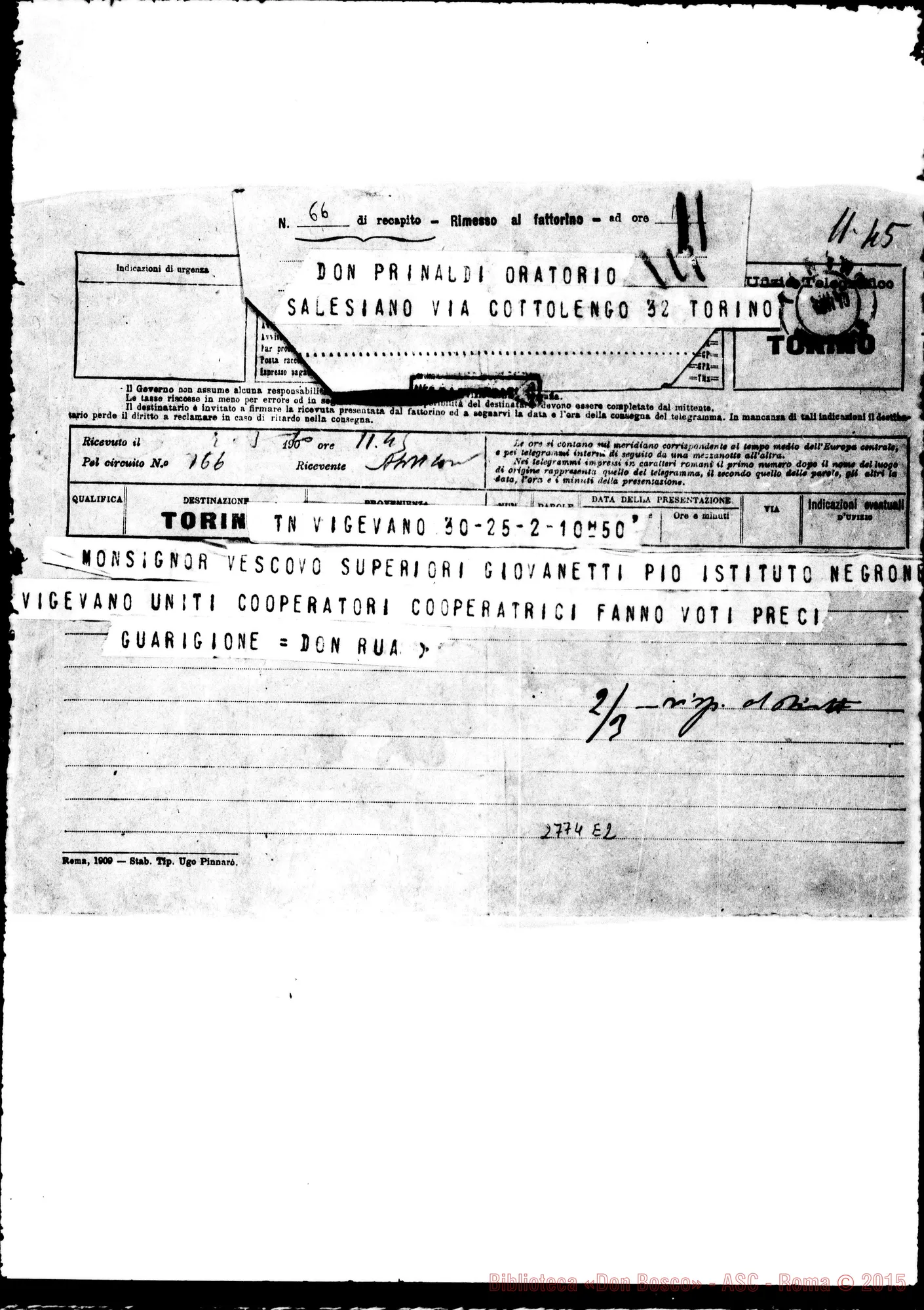Fotogramma E 2 — Antoniazzo Biagio, SDB, direttore, Vigevano. Telegramma