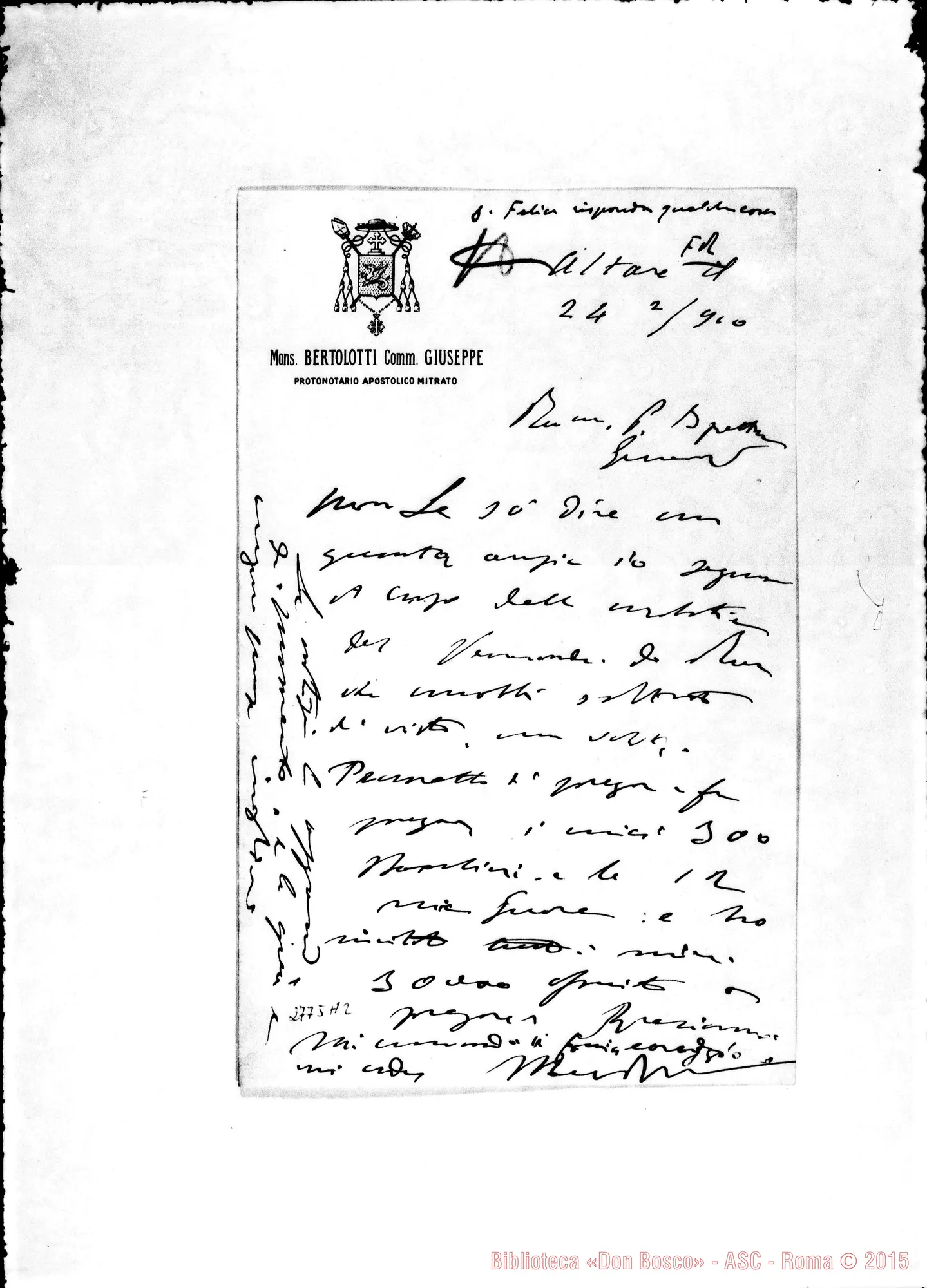 Fotogramma A 2 — Bertolotti Giuseppe, Monsig. Comm., protonotario Apost.. Autogr. di D. Rinaldi